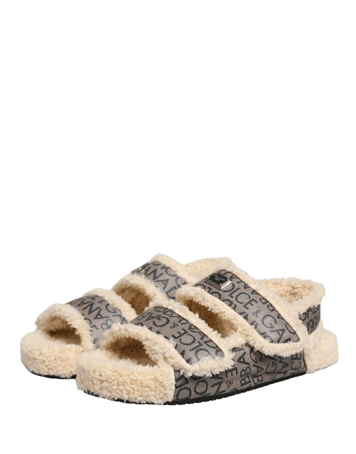 New Dolce & Gabbana Beige Faux Fur Logo Print Flats Sandals Shoes