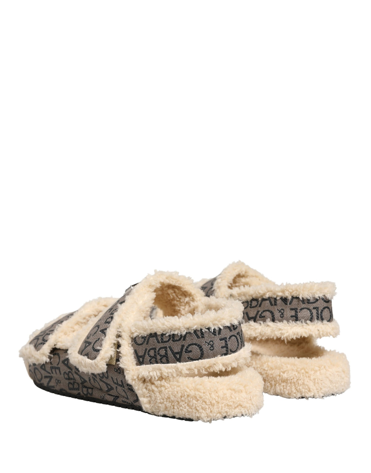 New Dolce & Gabbana Beige Faux Fur Logo Print Flats Sandals Shoes