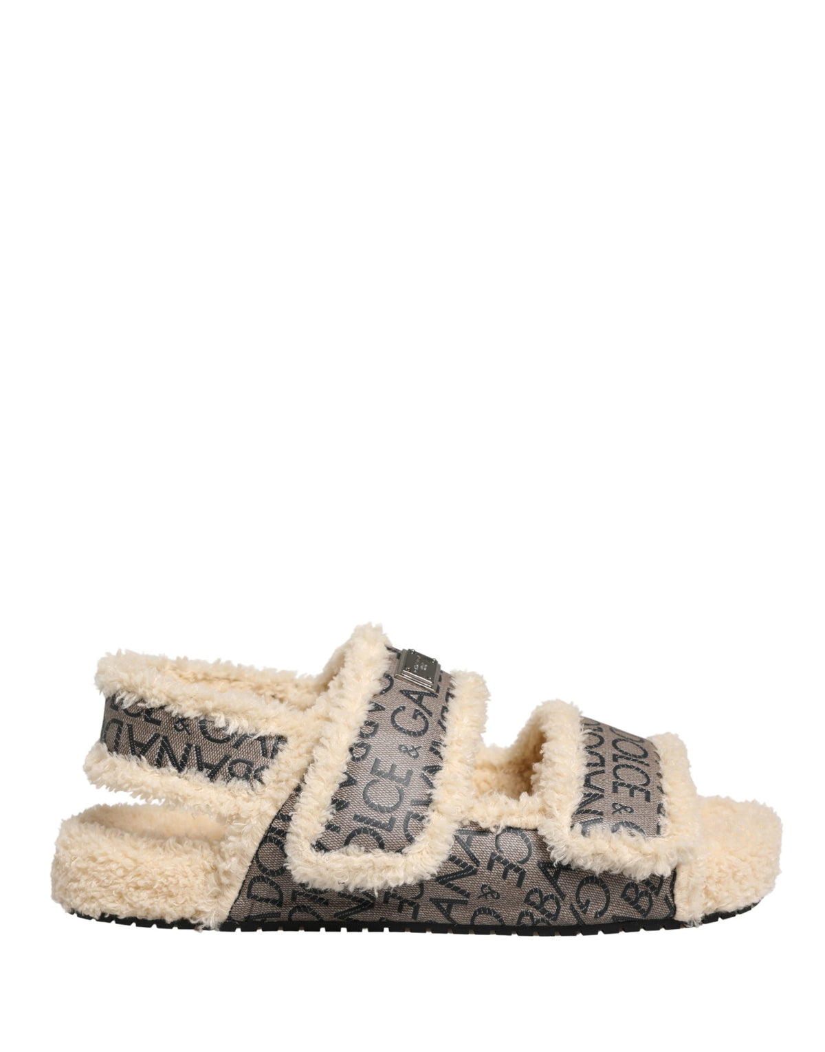 New Dolce & Gabbana Beige Faux Fur Logo Print Flats Sandals Shoes