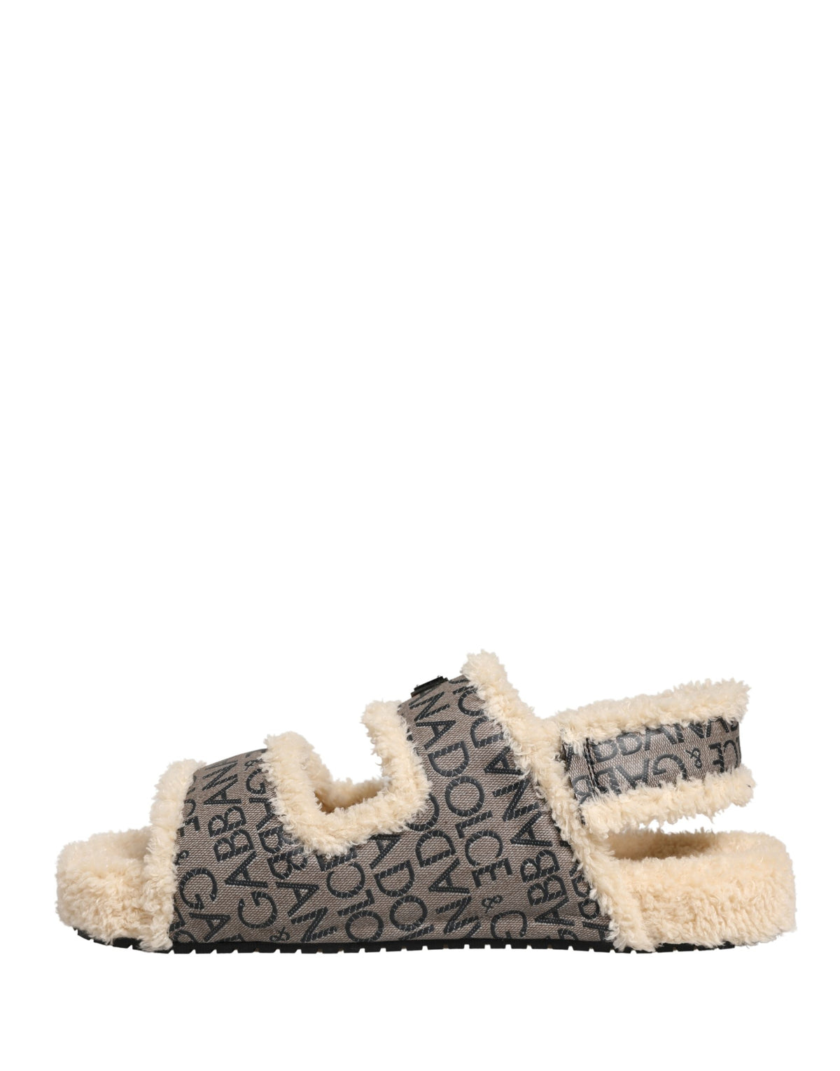 New Dolce & Gabbana Beige Faux Fur Logo Print Flats Sandals Shoes