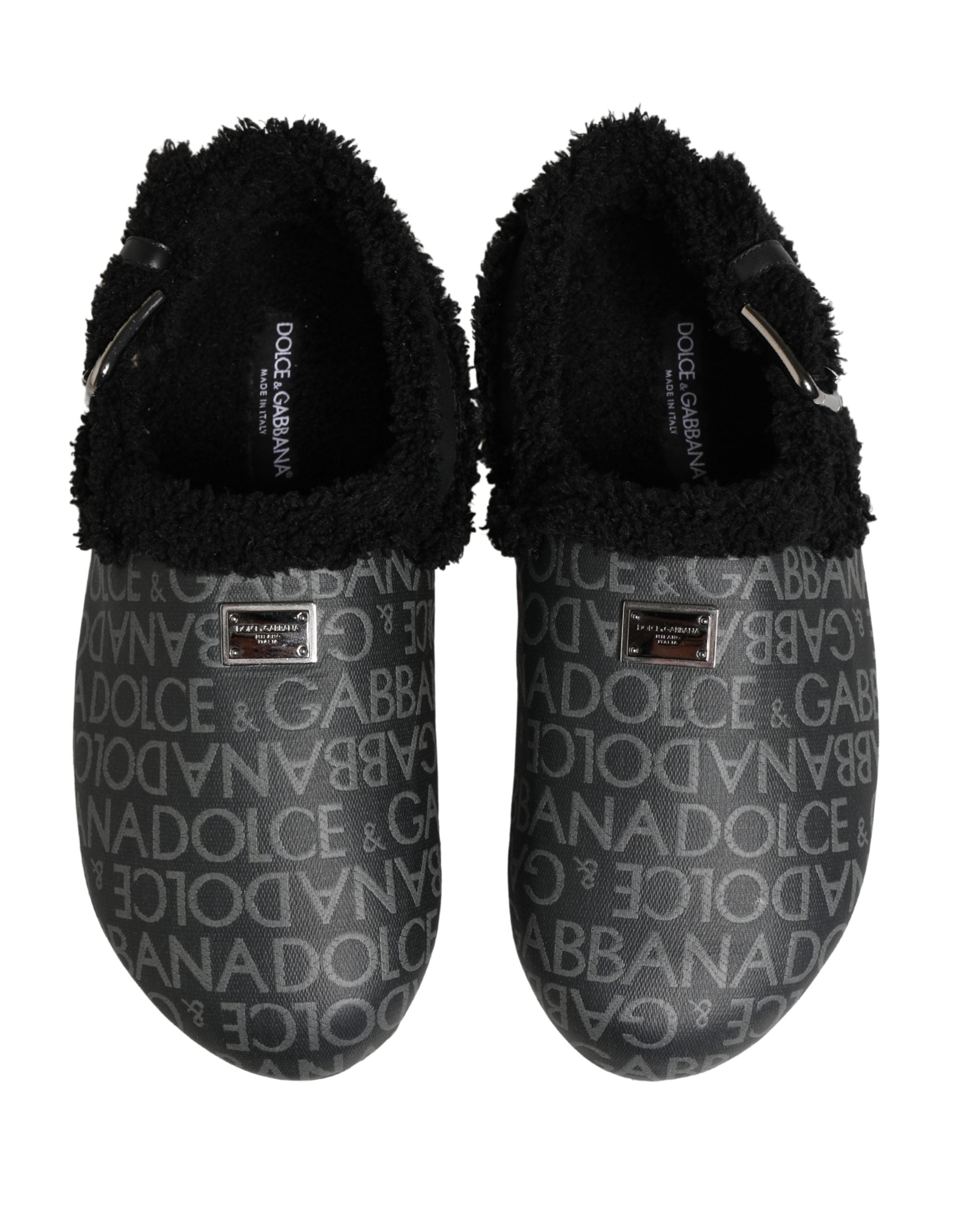 Dolce & Gabbana Gray Faux Fur Jacquard Mules Sandals Shoes