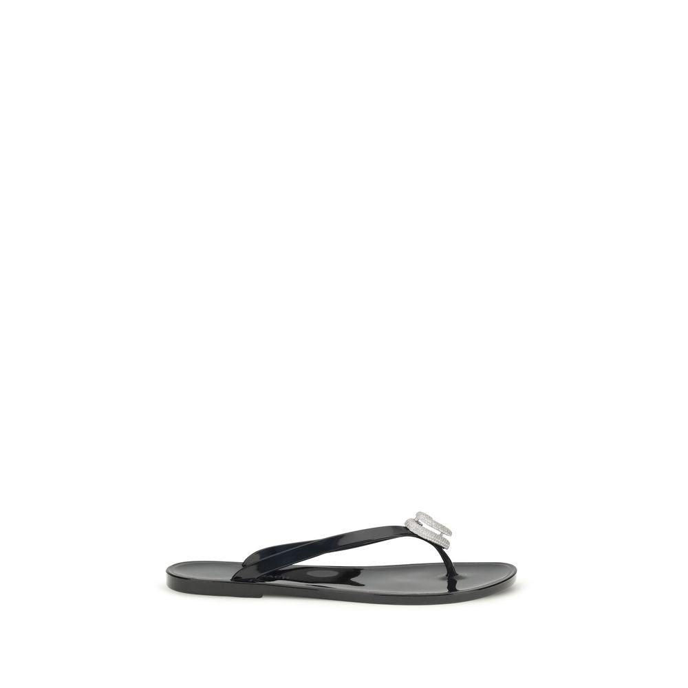 MACH & MACH Black Rubber Double Heart Thong Sandals