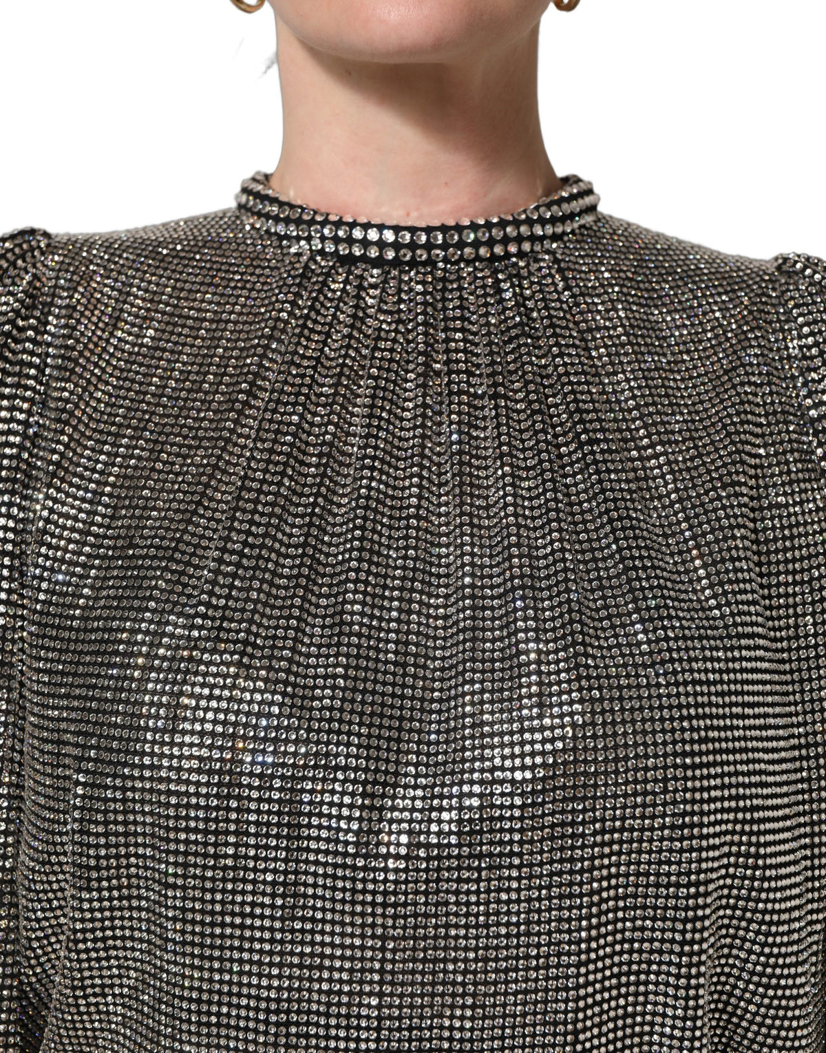 New Dolce & Gabbana Silver Rhinestones Long Sleeves Bodysuit Mini Dress