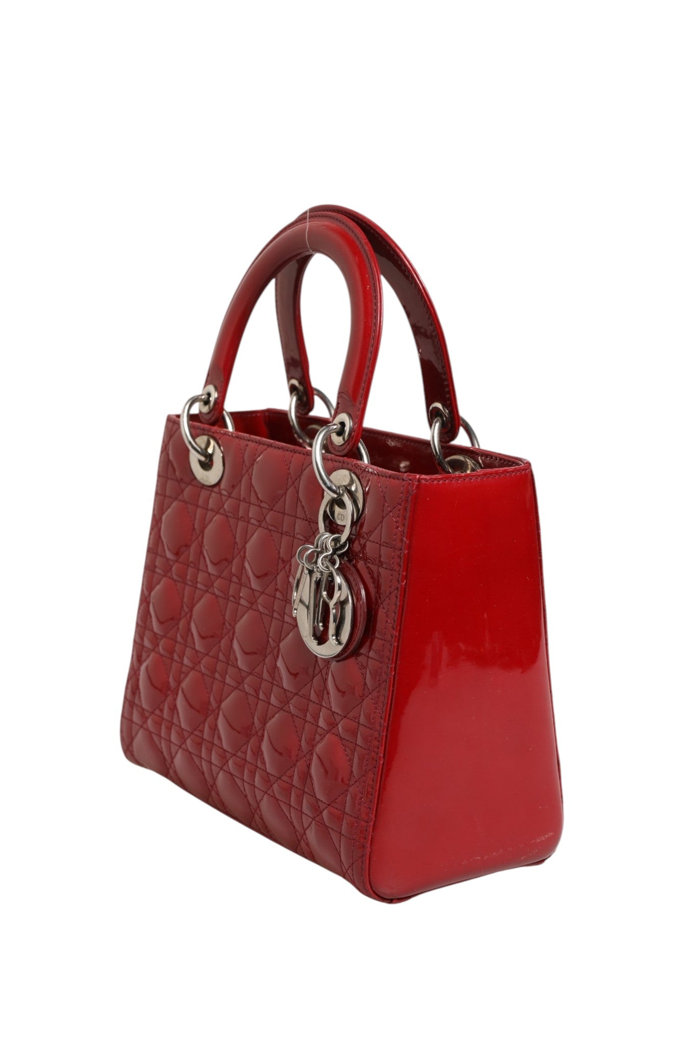 Pre-Owned Christian Dior Cherry Red Patent Leather Cannage Quilting Small Lady Dior Bag Red Women's B+ (Good — light signs of wear)