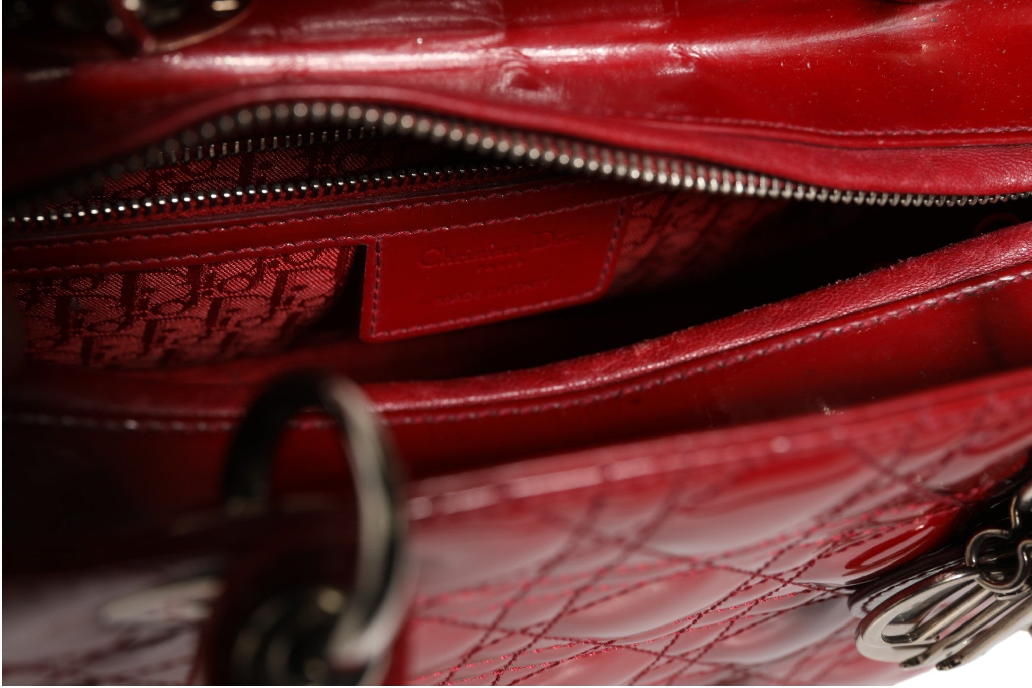 Pre-Owned Christian Dior Cherry Red Patent Leather Cannage Quilting Small Lady Dior Bag Red Women's B+ (Good — light signs of wear)