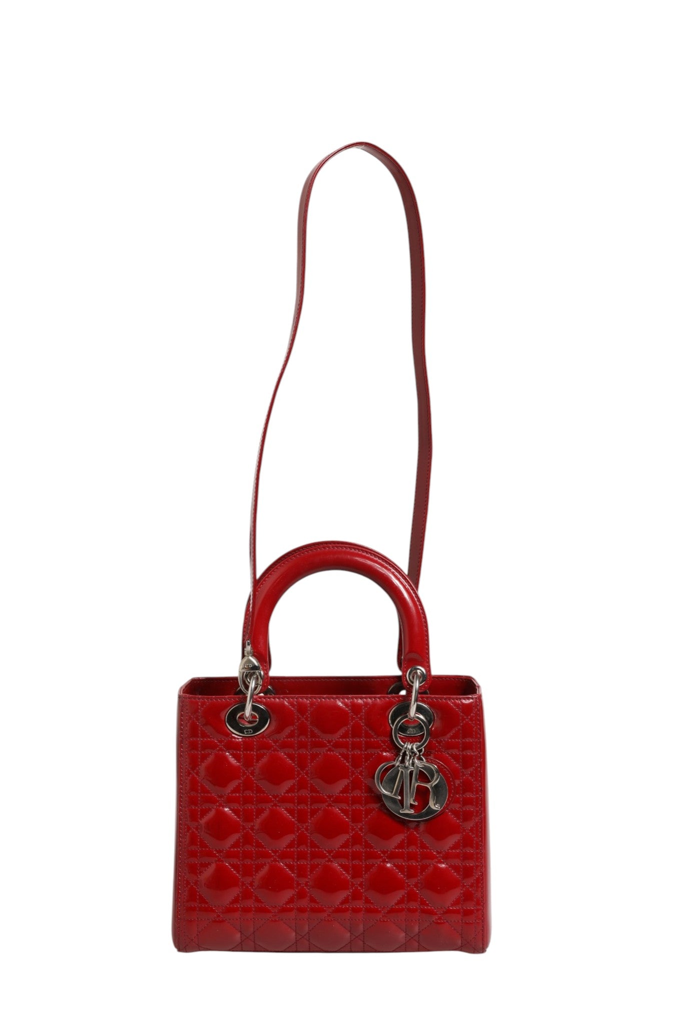 Pre-Owned Christian Dior Cherry Red Patent Leather Cannage Quilting Small Lady Dior Bag Red Women's B+ (Good — light signs of wear)