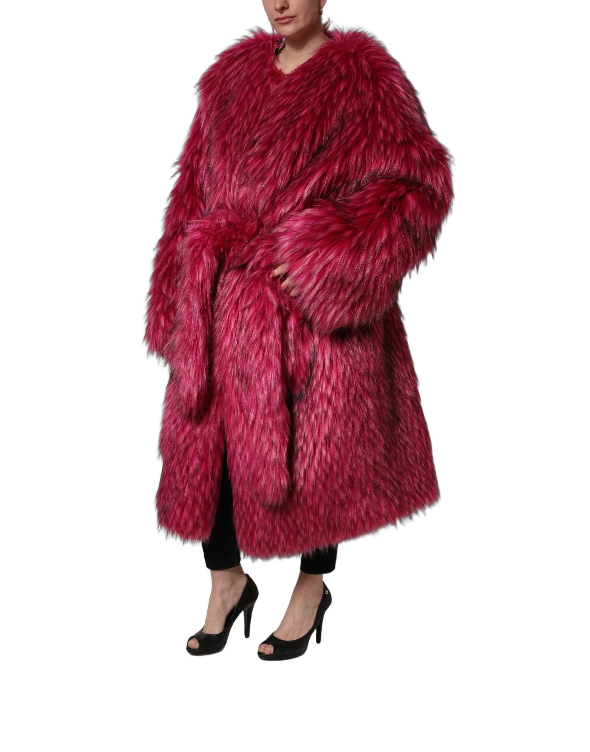 Dolce & Gabbana Fuchsia Belted Faux-Fur Trench Coat Jacket