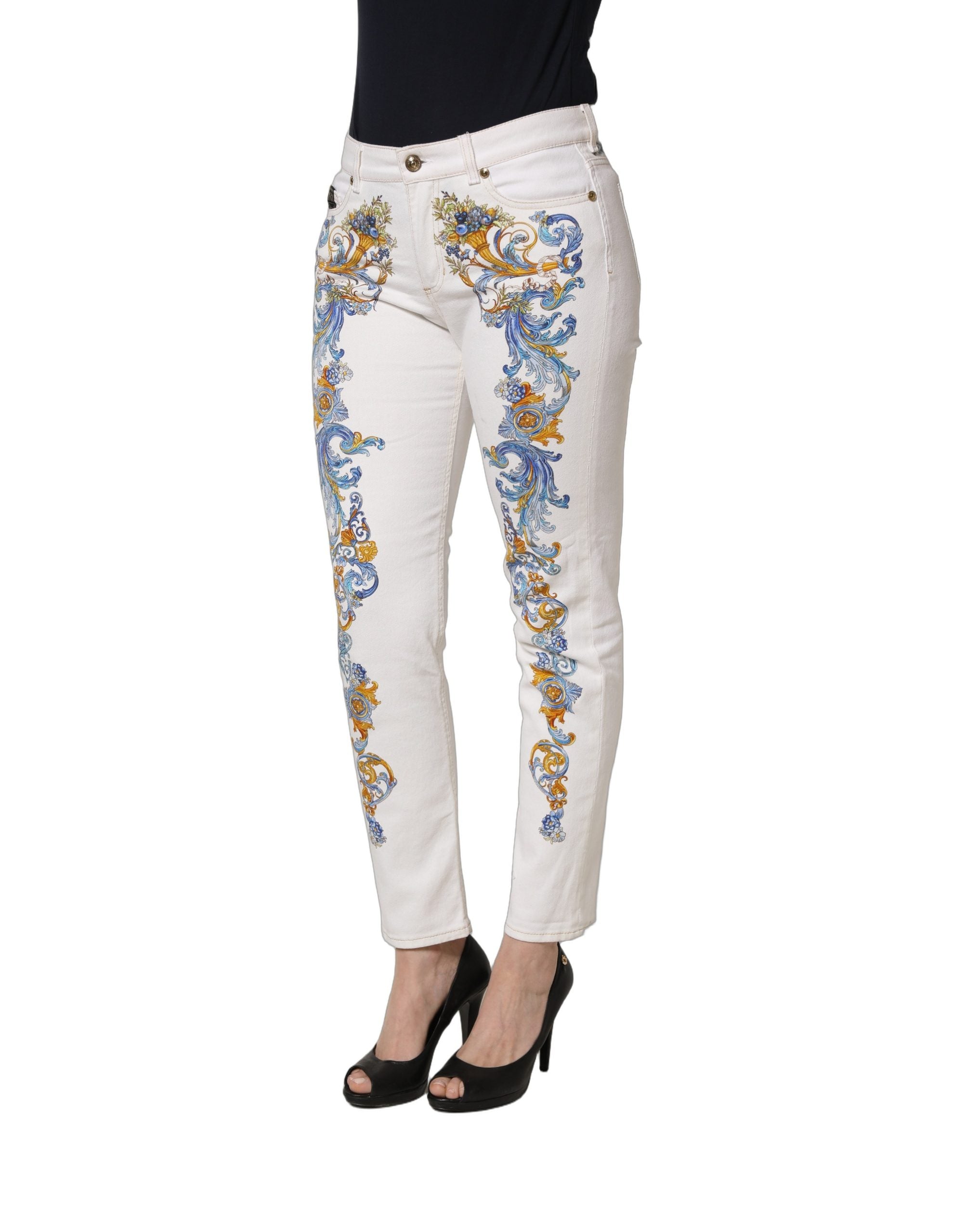 Versace Jeans Couture White Floral Print Skinny Denim Jeans
