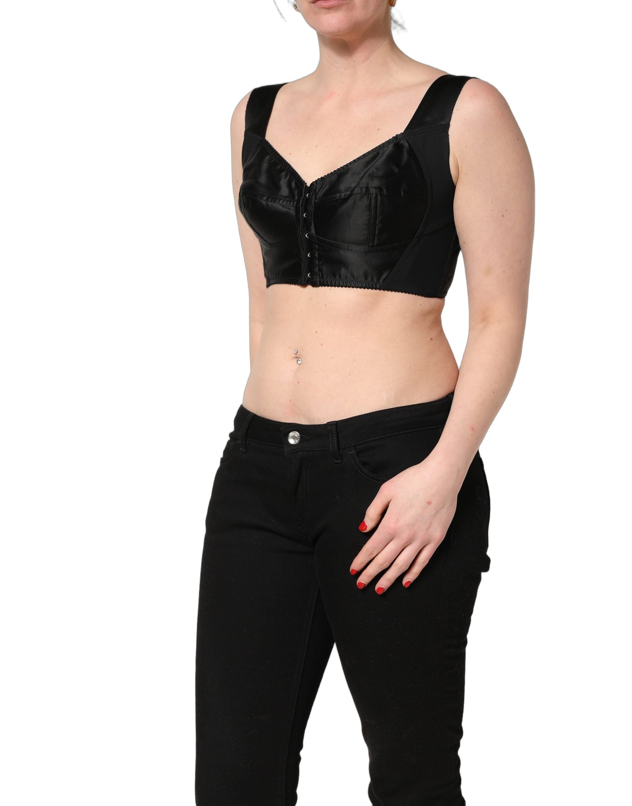 Dolce & Gabbana Black Satin Nylon Corset Sleeveless Cropped Top
