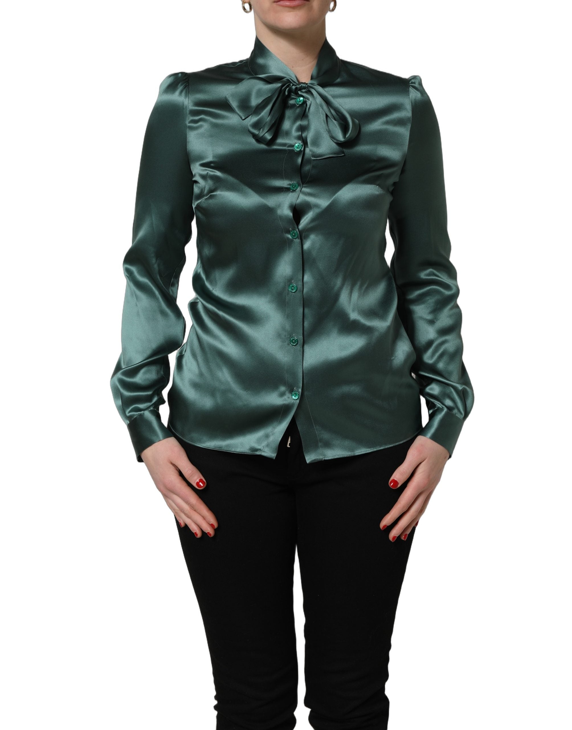 Dolce & Gabbana Dark Green Silk Satin Blouse Neck Tie Top