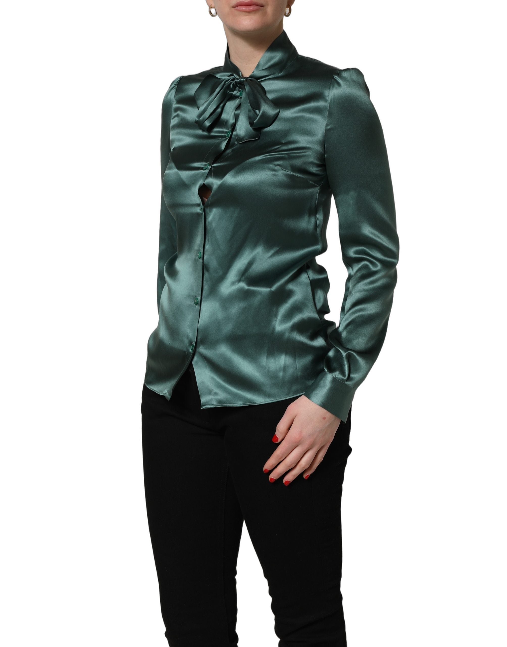 Dolce & Gabbana Dark Green Silk Satin Blouse Neck Tie Top