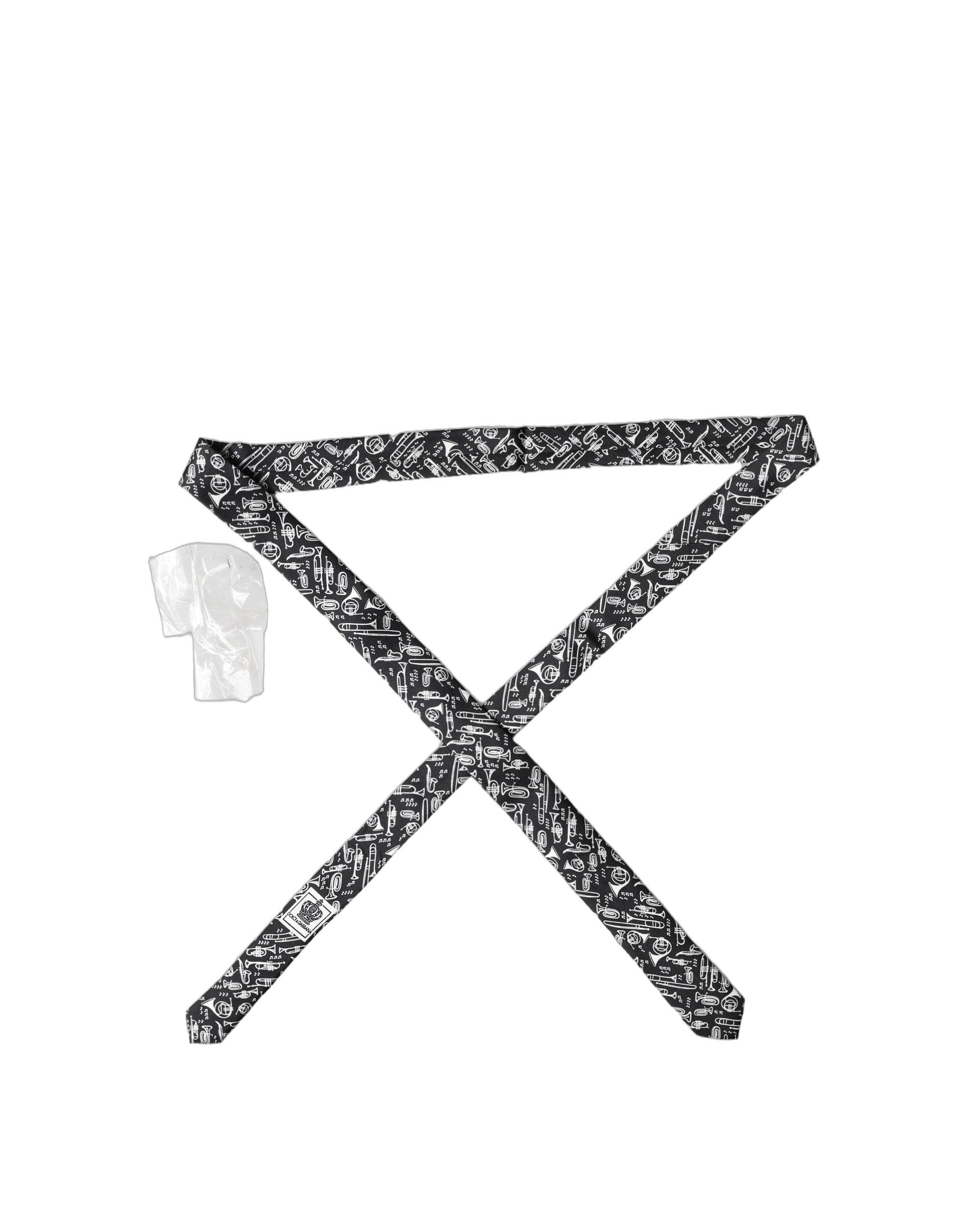 Dolce & Gabbana Black Trumpet Print Silk Adjustable Men Tied Necktie Tie