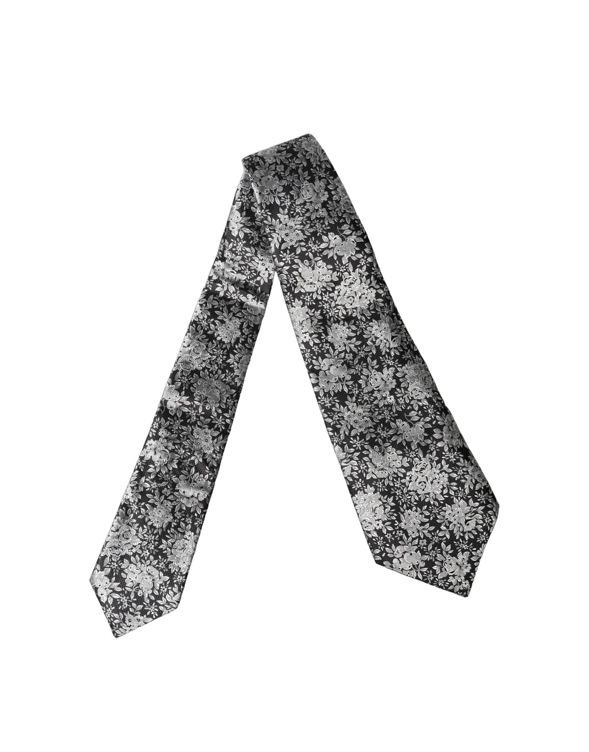 New Dolce & Gabbana Dark Gray Silver Floral Silk Adjustable Women Necktie Tie
