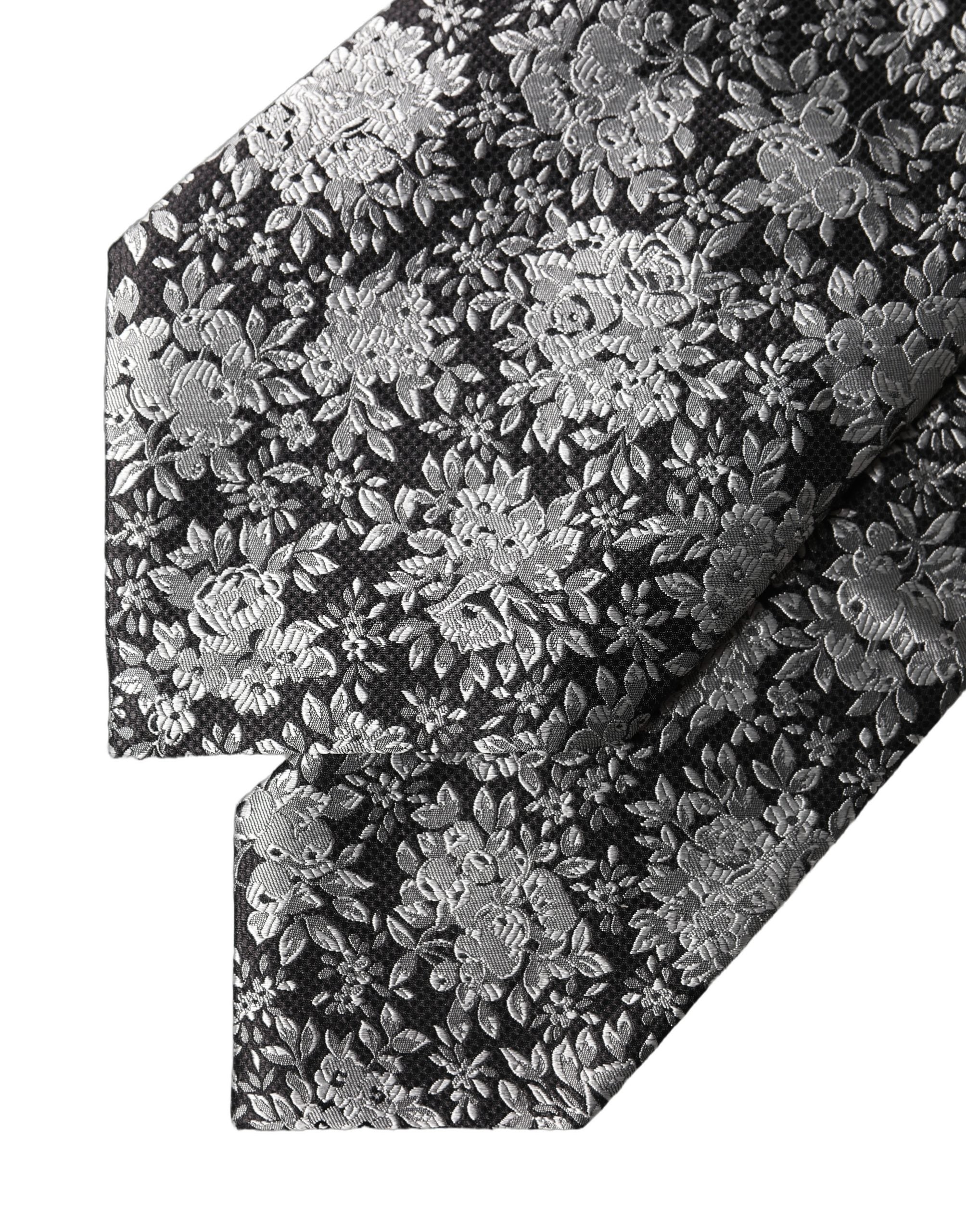 Dolce & Gabbana Dark Gray Silver Floral Silk Adjustable Women Necktie Tie