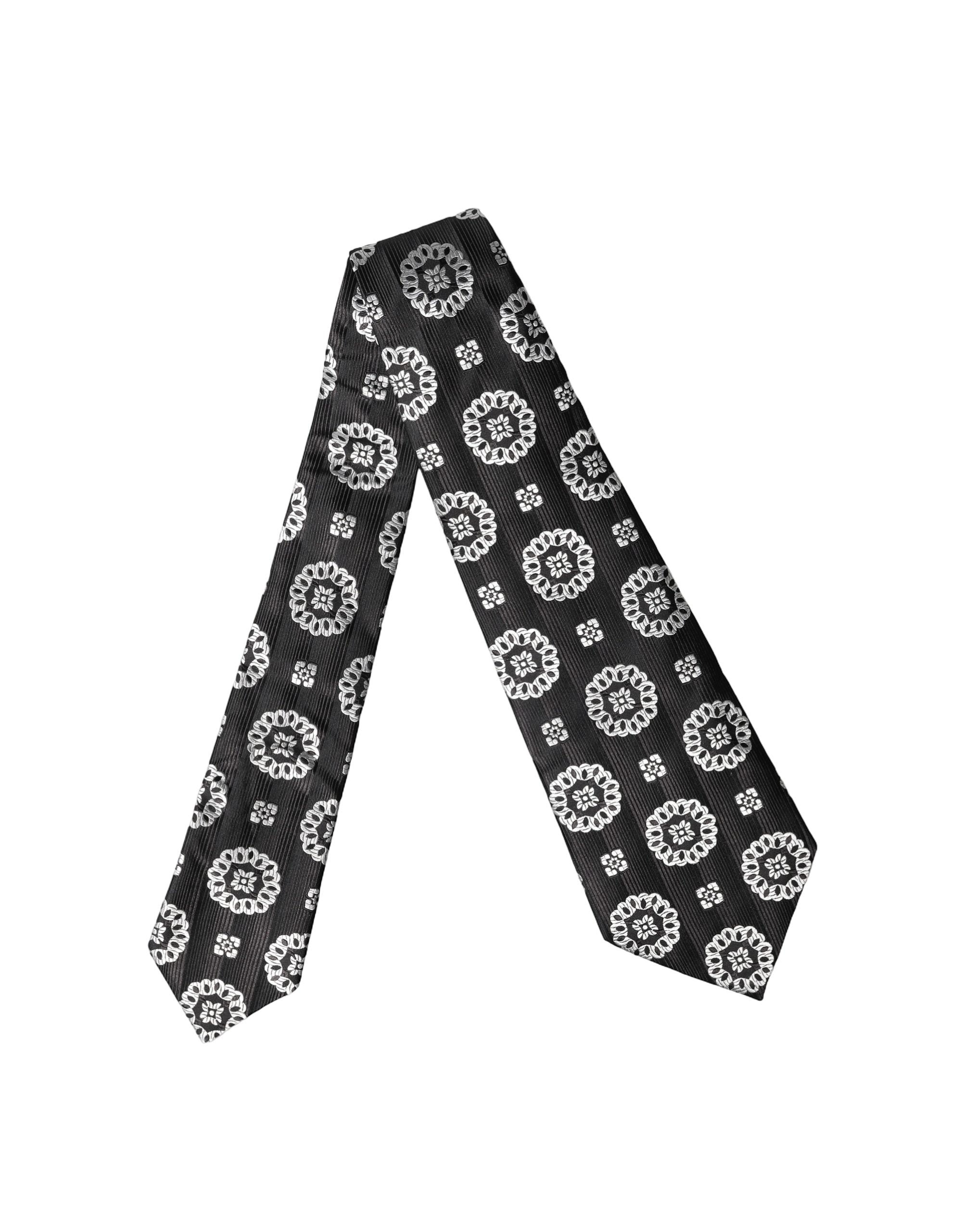 Dolce & Gabbana Dark Gray White Floral Silk Adjustable Women Necktie Tie