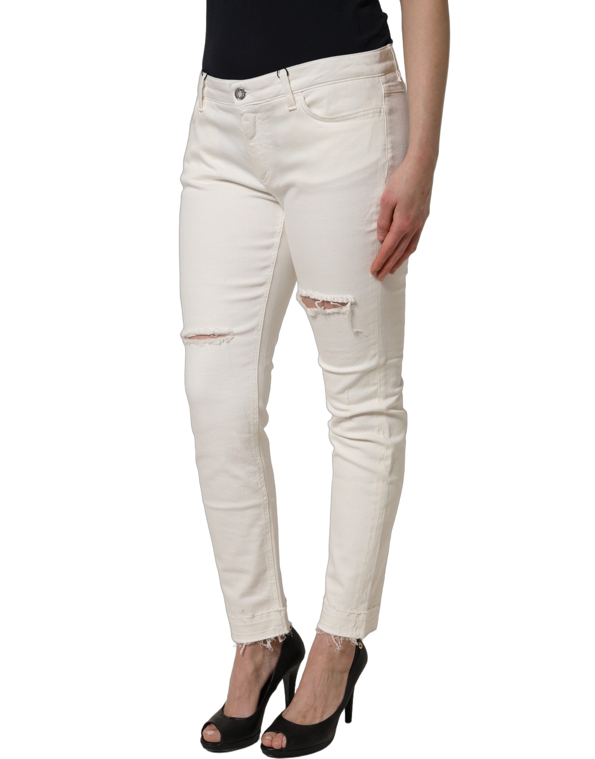 Pre-Owned Dolce & Gabbana White Tattered Skinny Cotton Denim Jeans