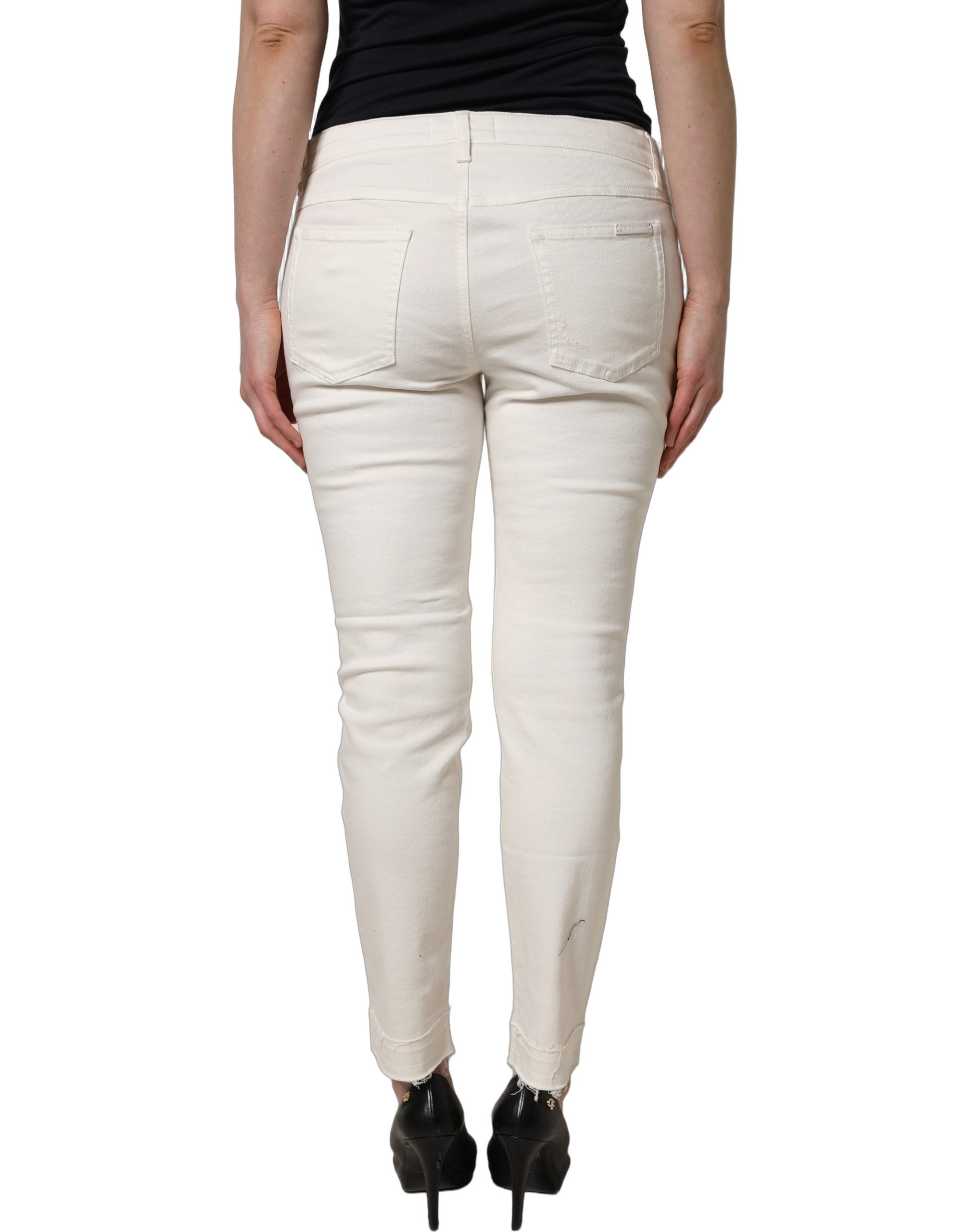 Pre-Owned Dolce & Gabbana White Tattered Skinny Cotton Denim Jeans