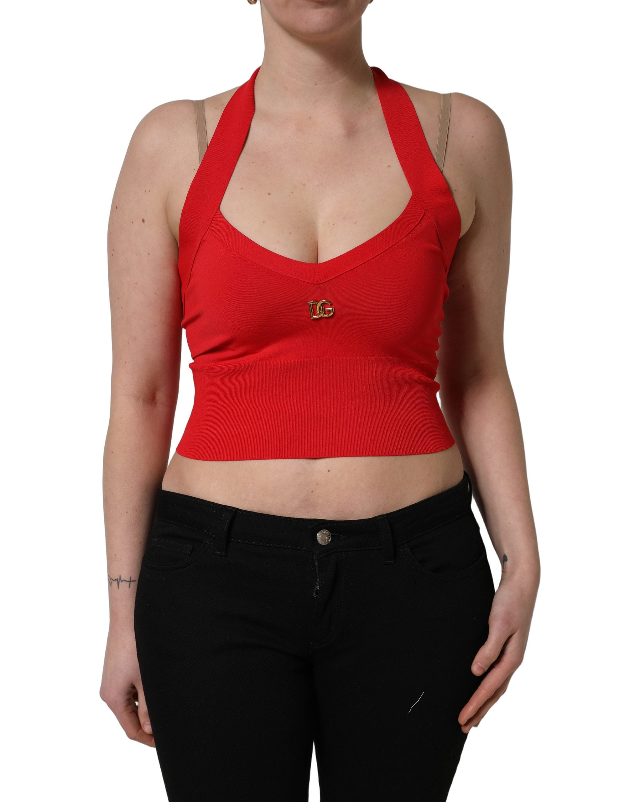 Pre-Owned Dolce & Gabbana Red Viscose Sleeveless Halter Crop Tank Top