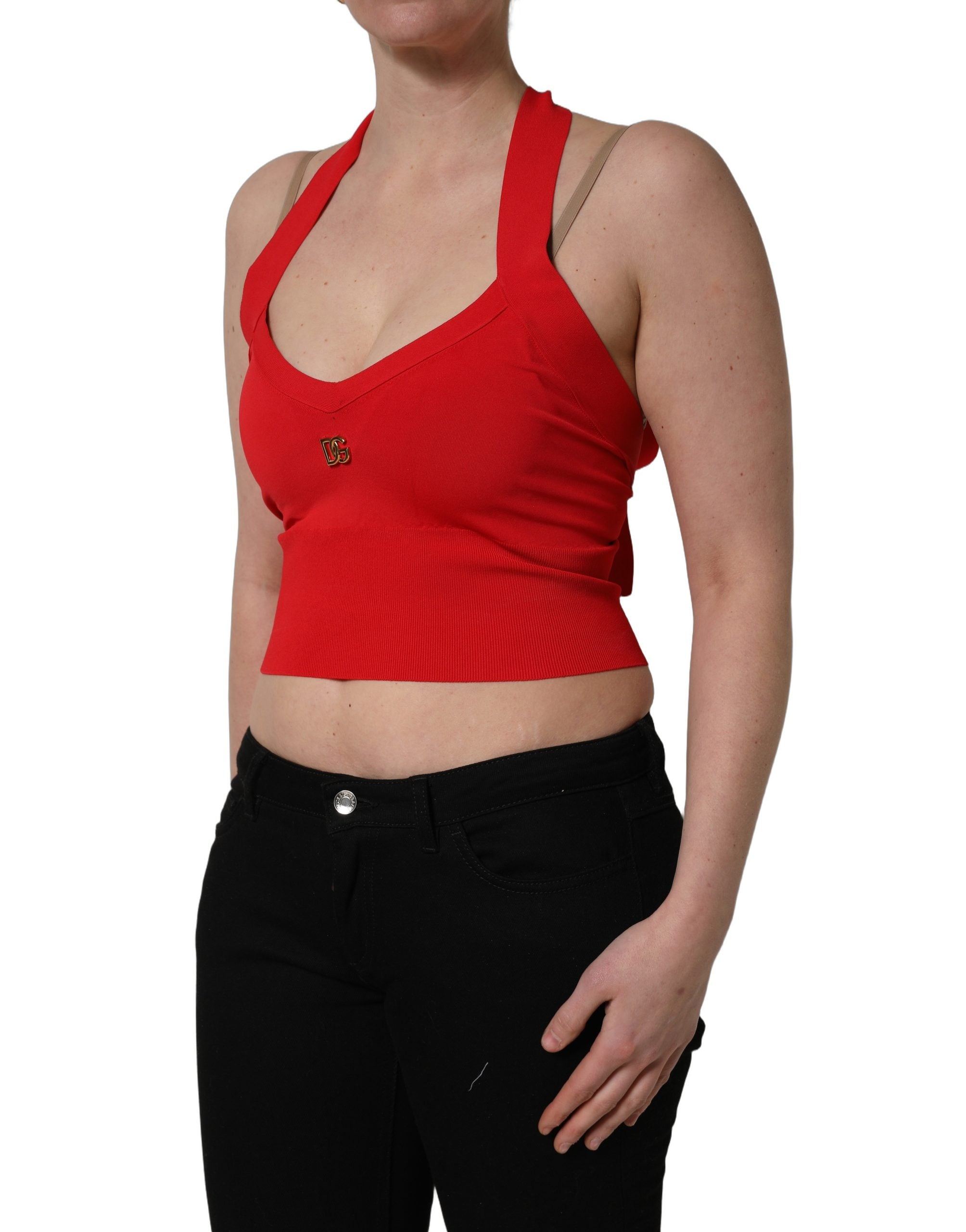 Pre-Owned Dolce & Gabbana Red Viscose Sleeveless Halter Crop Tank Top