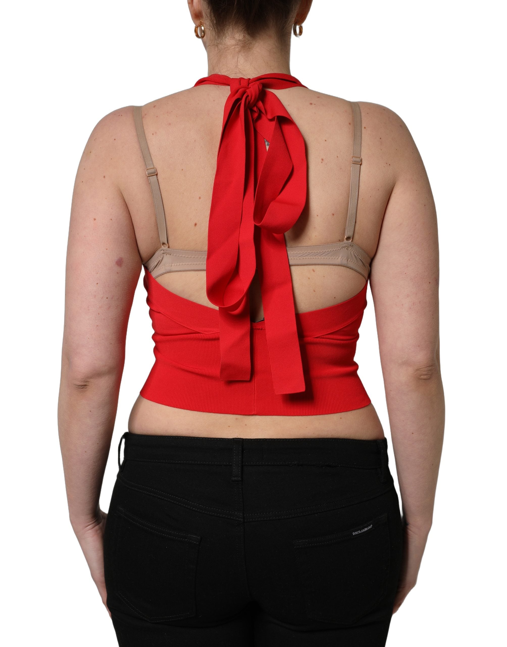 Pre-Owned Dolce & Gabbana Red Viscose Sleeveless Halter Crop Tank Top