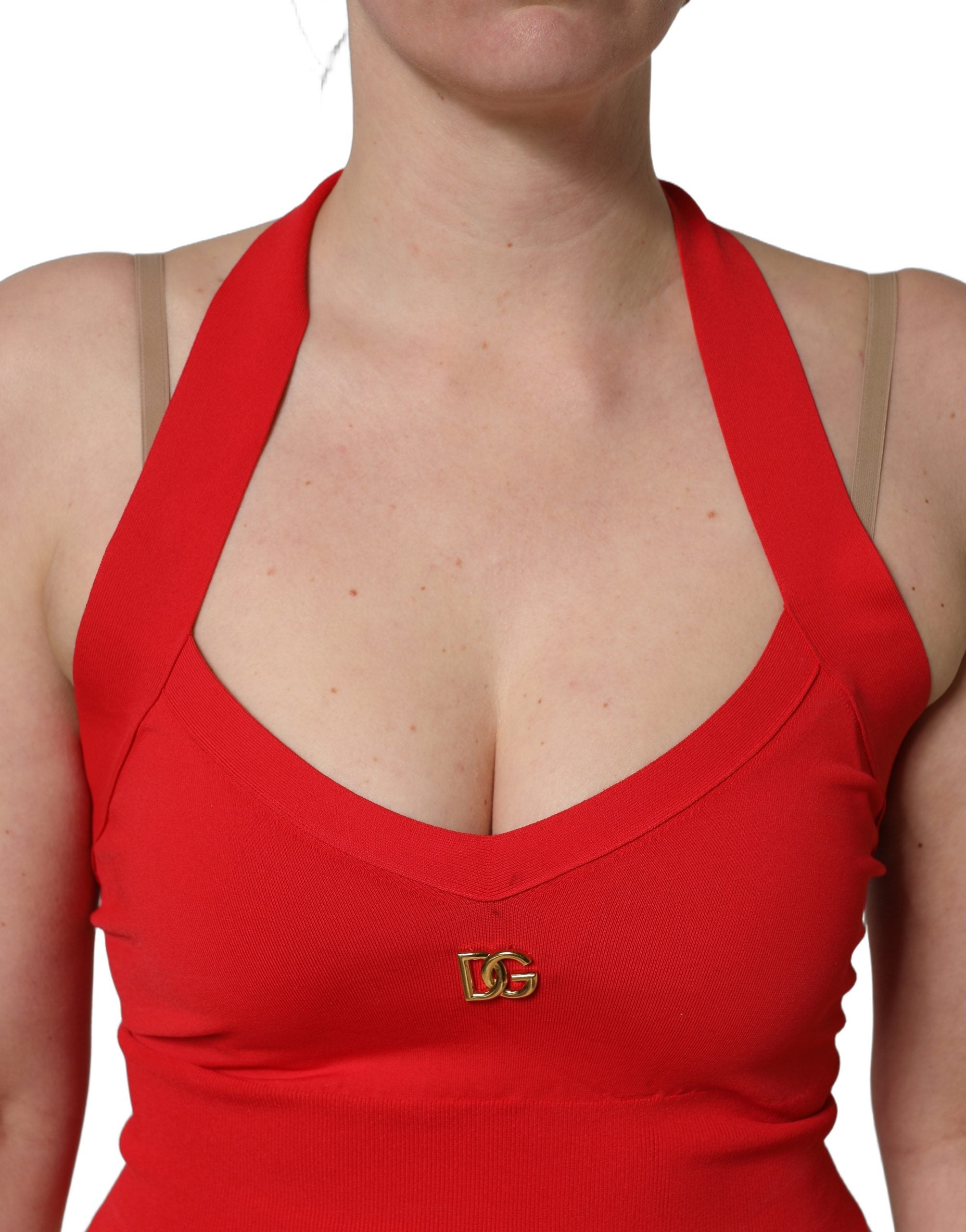 Pre-Owned Dolce & Gabbana Red Viscose Sleeveless Halter Crop Tank Top