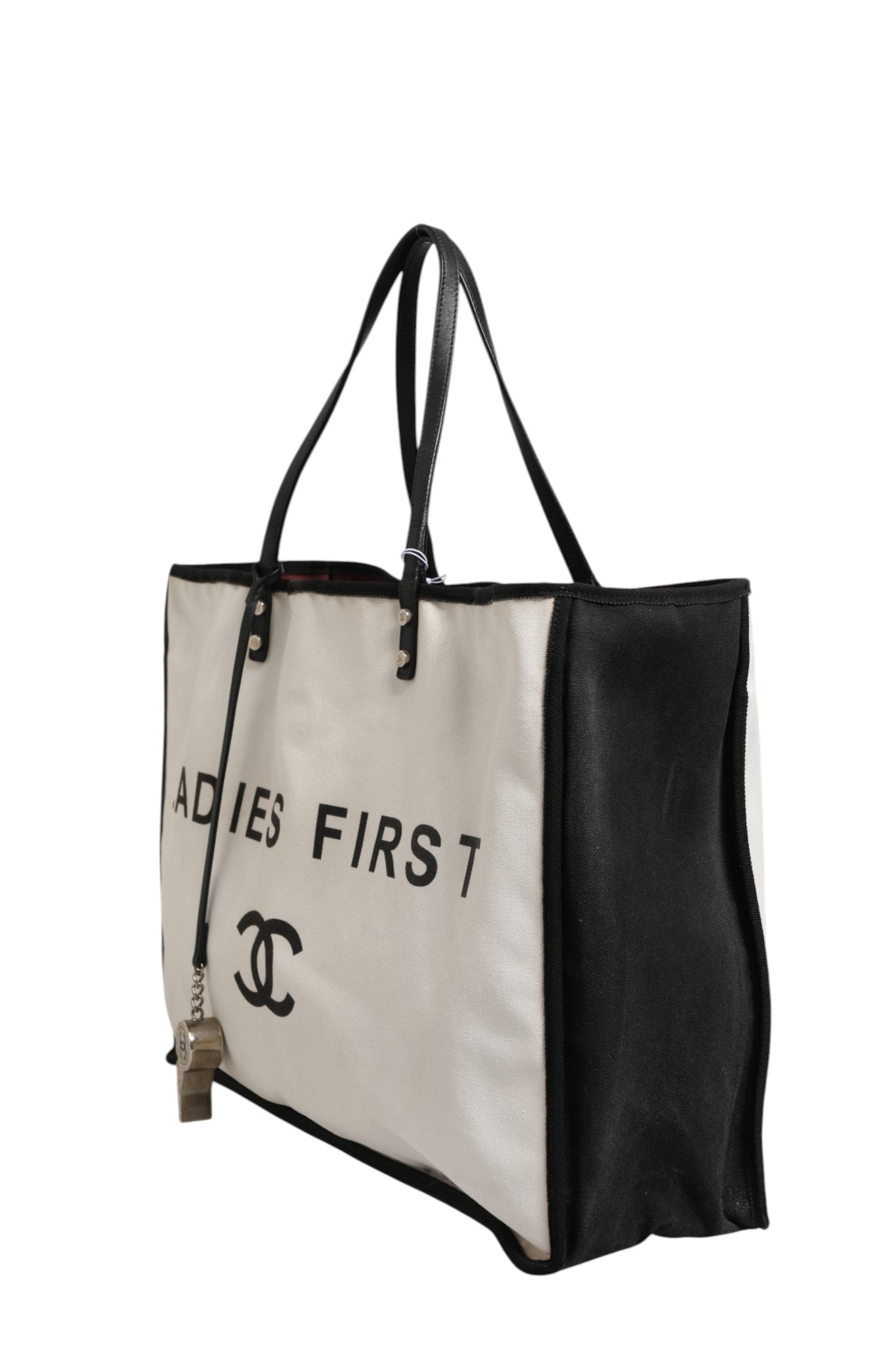 Pre-Owned Chanel Ladies First White and Black Canvas Shopper Tote Bag White and Black Women's B (Good — visible signs of wear)