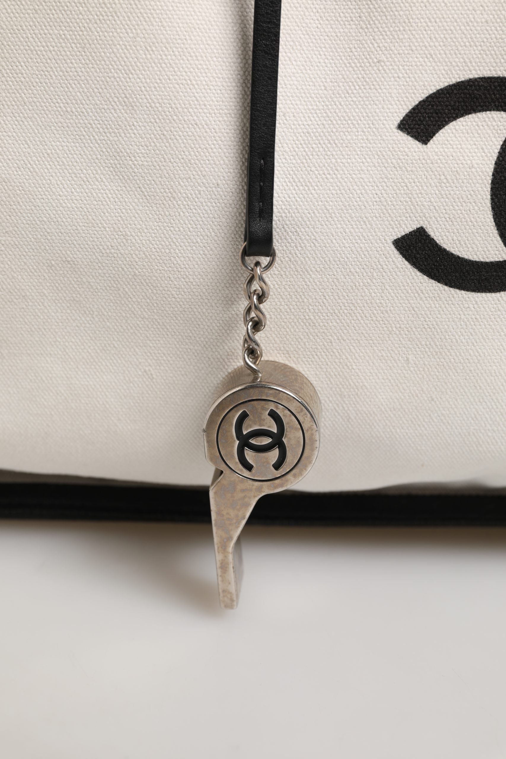 Pre-Owned Chanel Ladies First White and Black Canvas Shopper Tote Bag White and Black Women's B (Good — visible signs of wear)