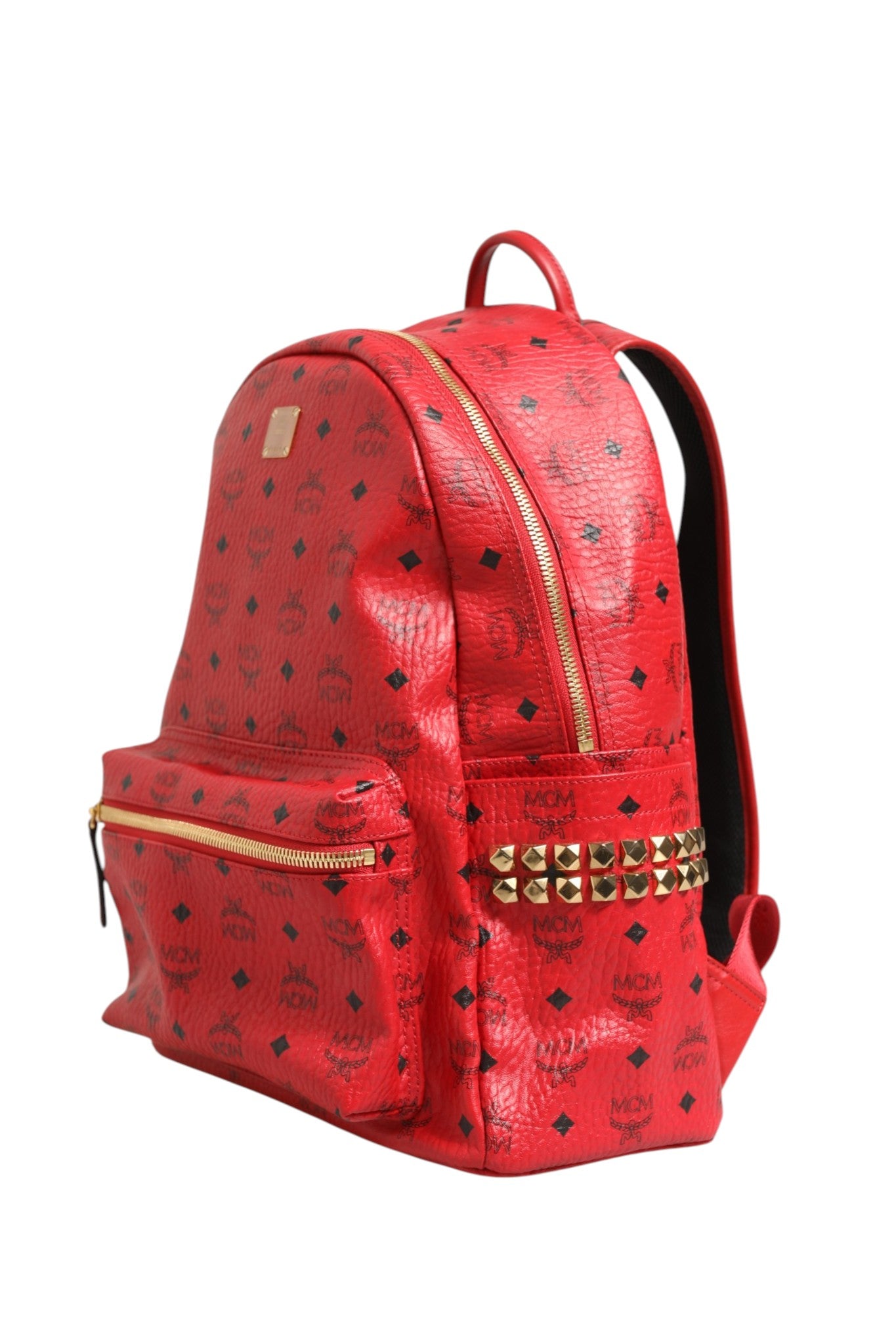 Pre-Owned MCM Medium Stark Studded Visetos Backpack - Red Red Women's B+ (Good — light signs of wear)