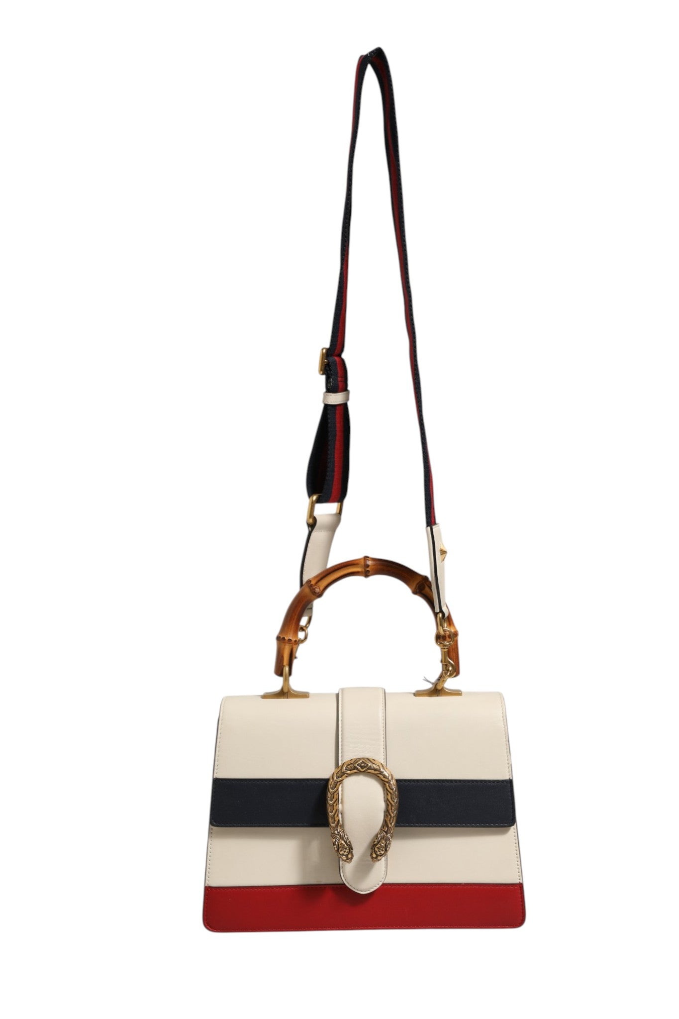 Pre-Owned Gucci Dionysus Bamboo Top Handle Bag Colorblock Leather White with blue and red details Women's B+ (Good — light signs of wear)