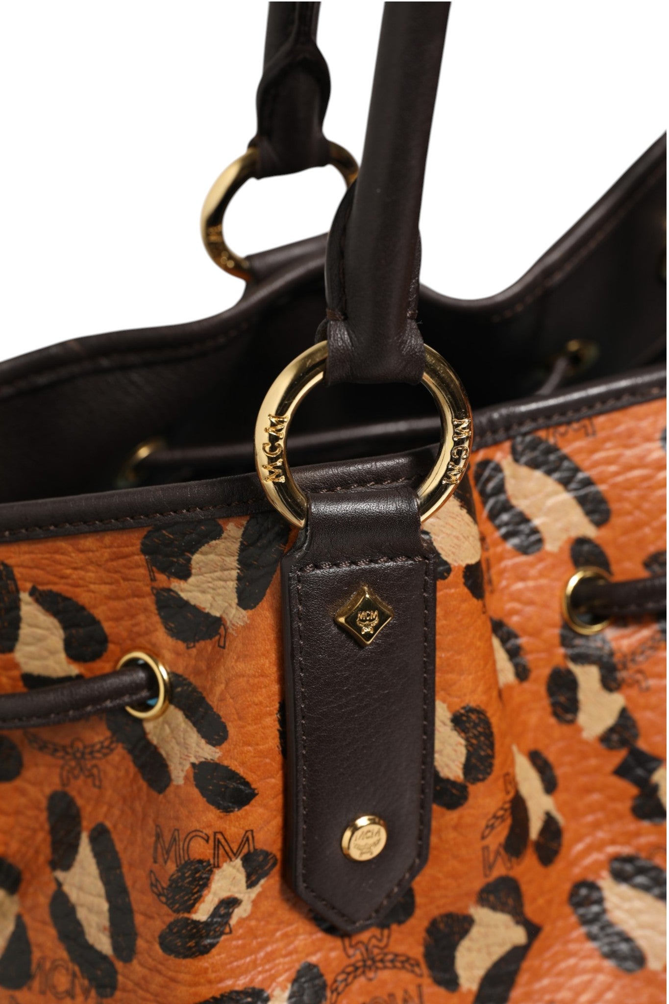 Pre-Owned MCM Visetos Leopard Aren Medium Shopper Tote Black, Orange Women's B+ (Good — light signs of wear)