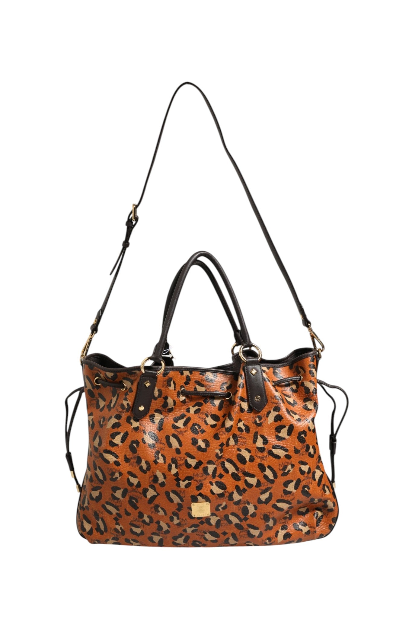 Pre-Owned MCM Visetos Leopard Aren Medium Shopper Tote Black, Orange Women's B+ (Good — light signs of wear)