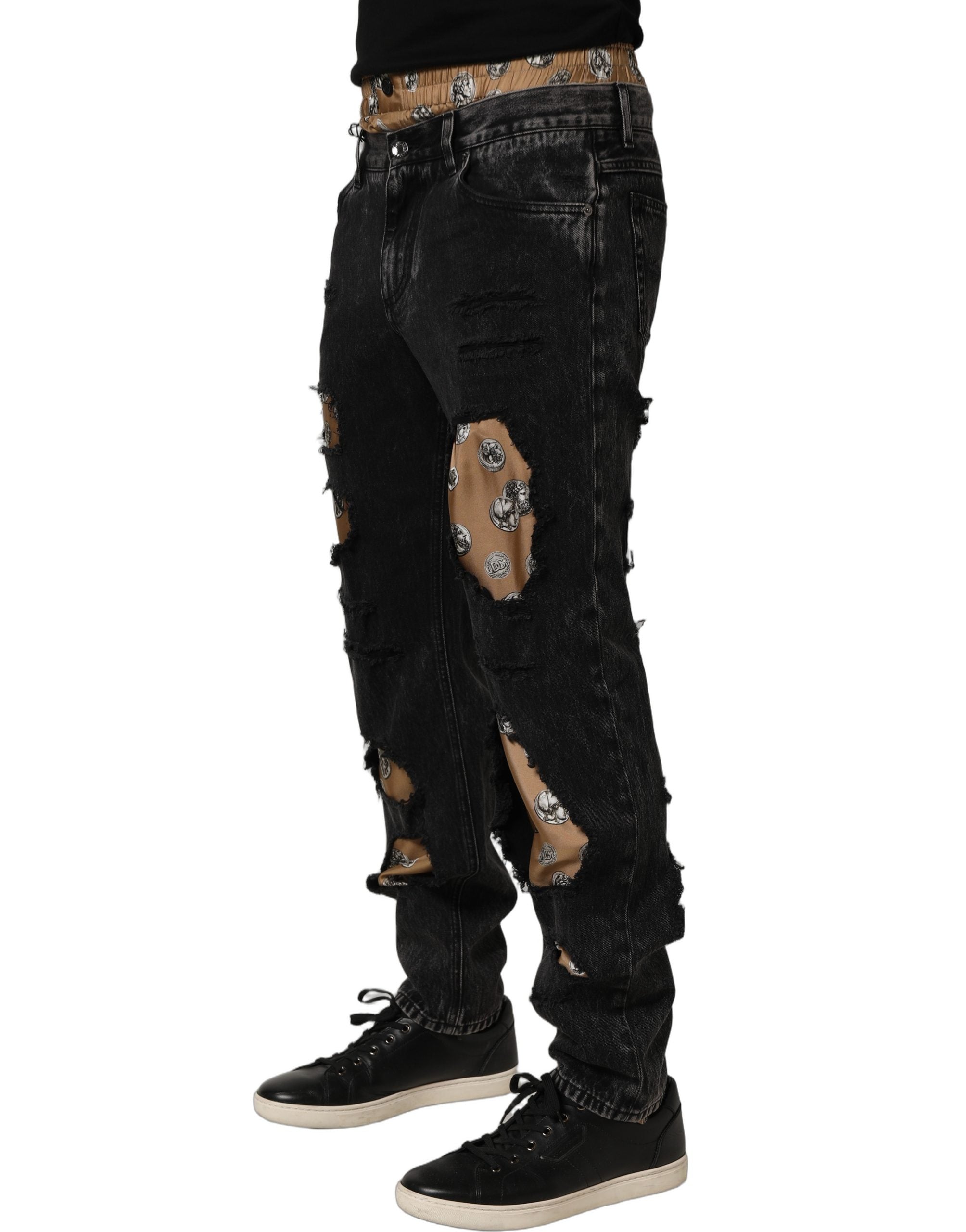 Dolce & Gabbana Black Distressed Cotton Straight Denim Jeans