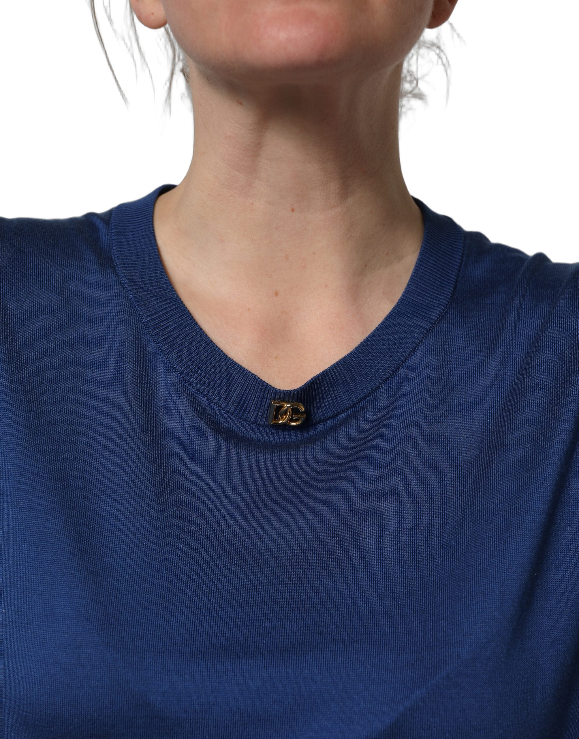 Dolce & Gabbana Blue Silk DG Logo Crew Neck Pullover Sweater