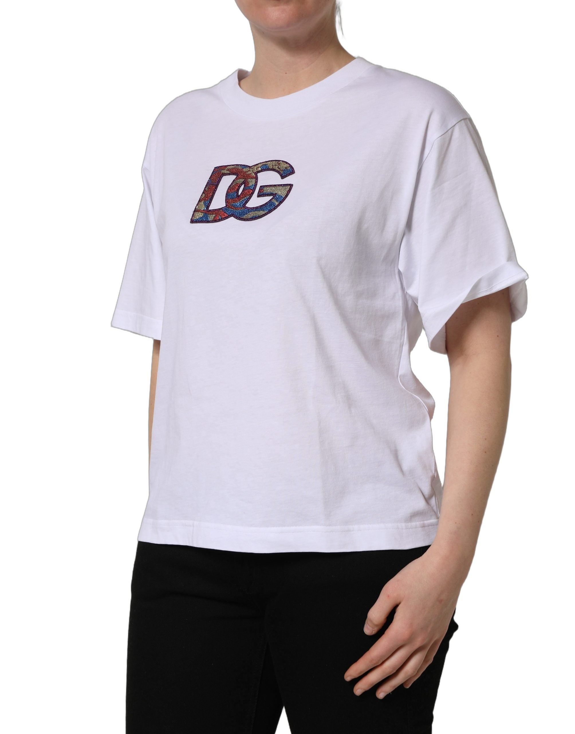 Pre-Owned Dolce & Gabbana White Cotton DG Logo Patch Crew Neck T-shirt