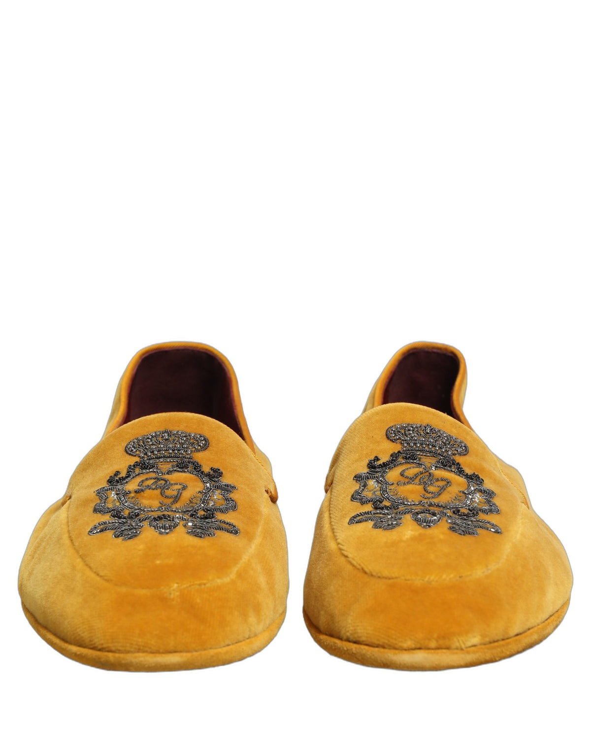 New Dolce & Gabbana Yellow Velvet Crown Embroidery Loafers Shoes