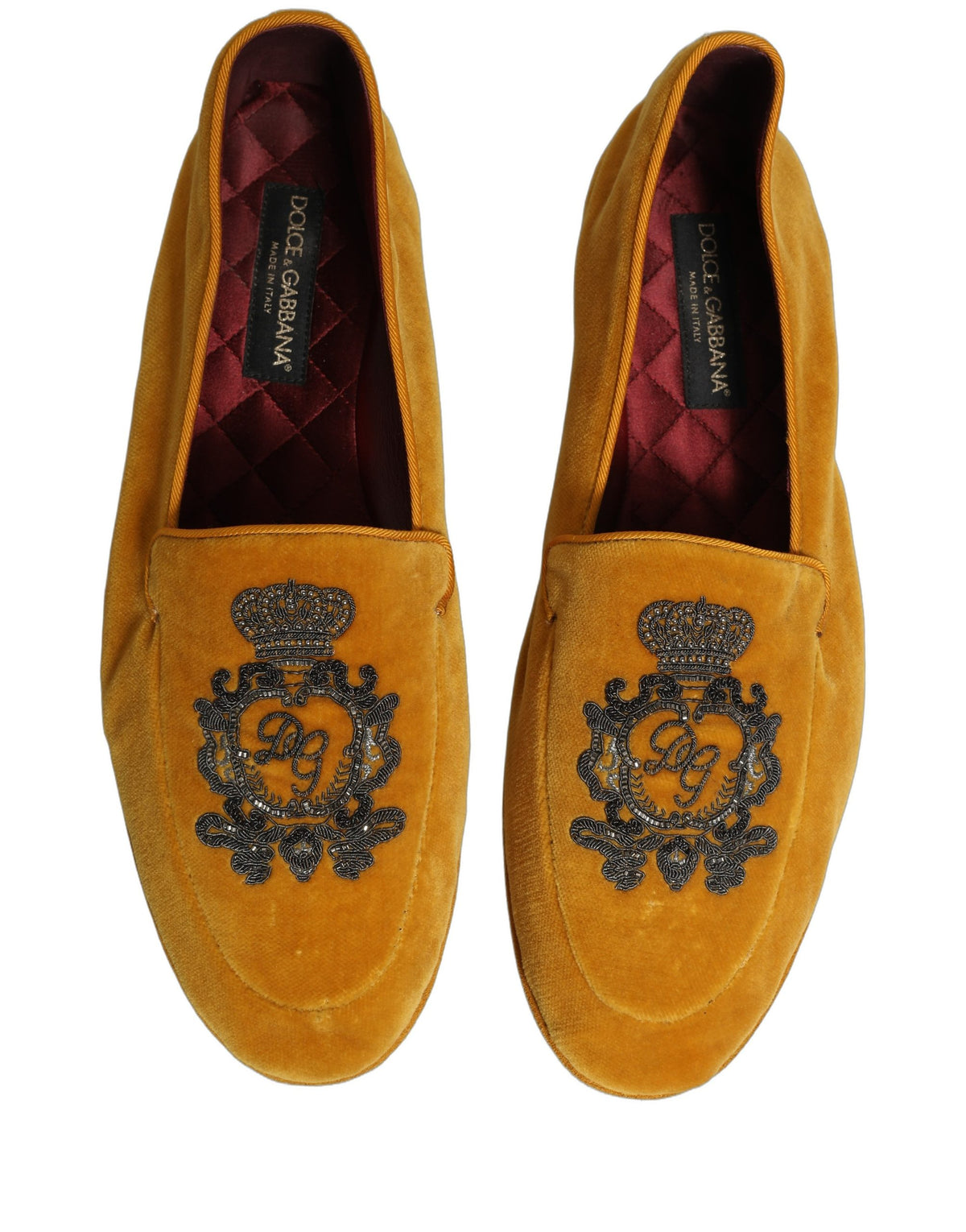 New Dolce & Gabbana Yellow Velvet Crown Embroidery Loafers Shoes