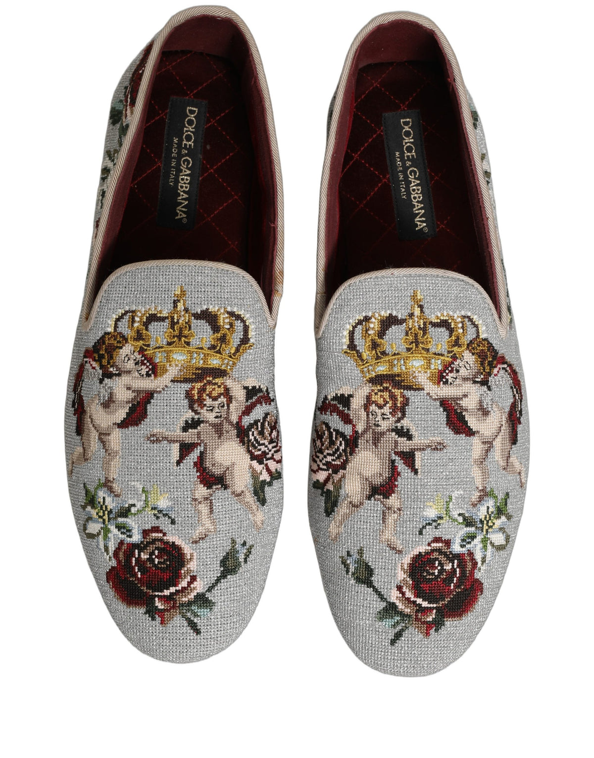 New Dolce & Gabbana Gray Crown Rose Angel Embroidery Loafer Shoes