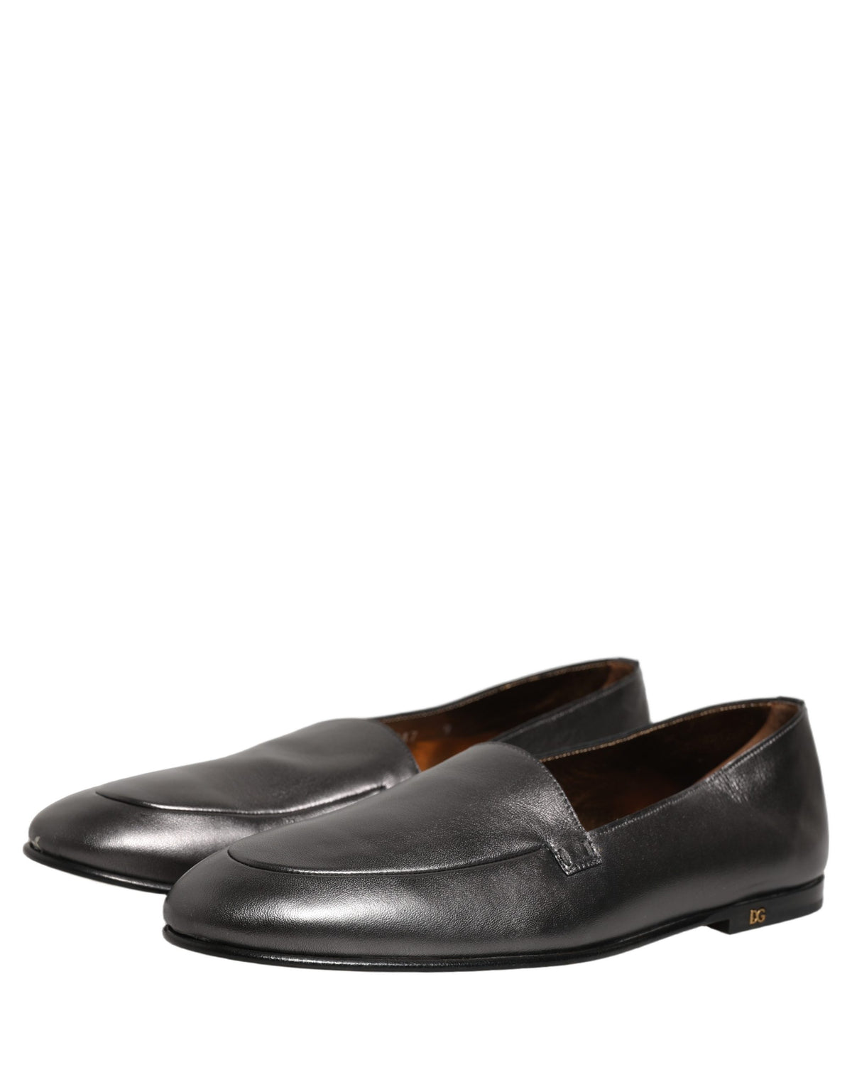 New Dolce & Gabbana Silver Leather DG Logo Slip On Loafers Shoes