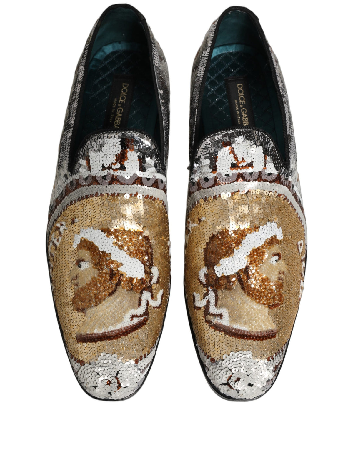 New Dolce & Gabbana White Gold Sequined Slip On Loafers Shoes