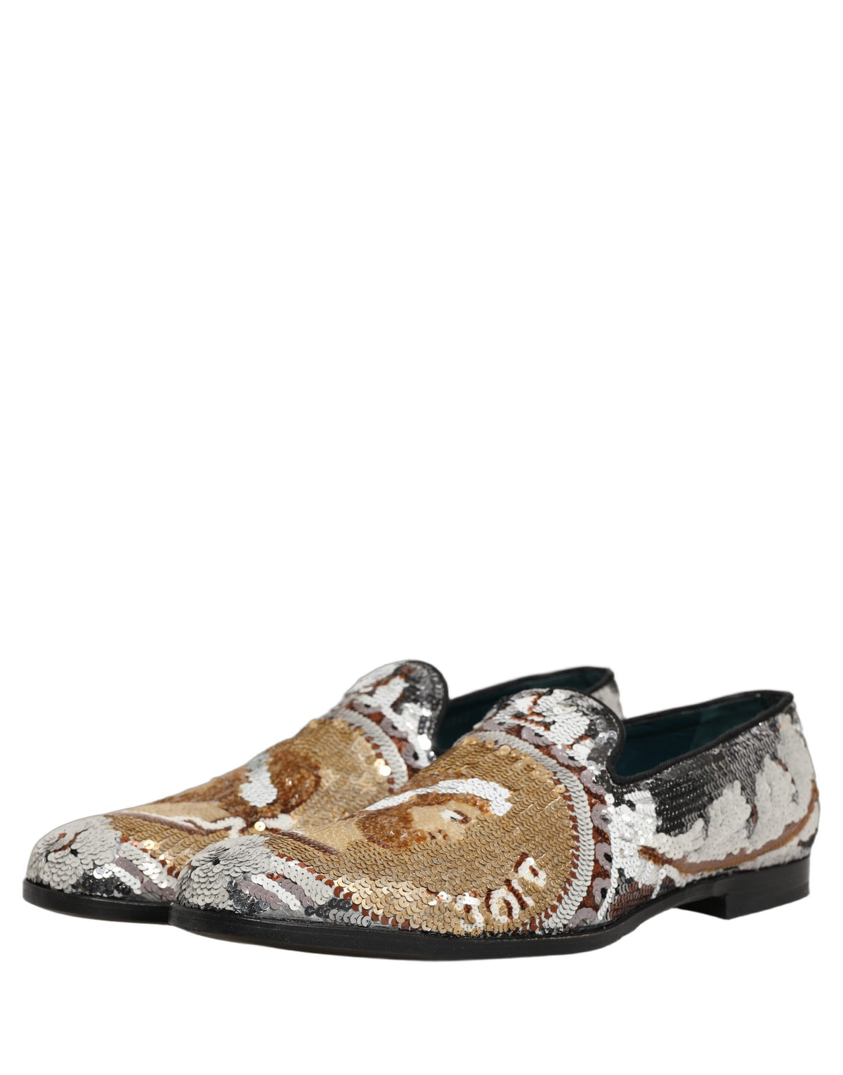 New Dolce & Gabbana White Gold Sequined Slip On Loafers Shoes