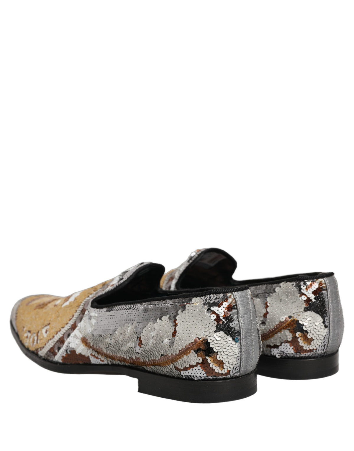 New Dolce & Gabbana White Gold Sequined Slip On Loafers Shoes