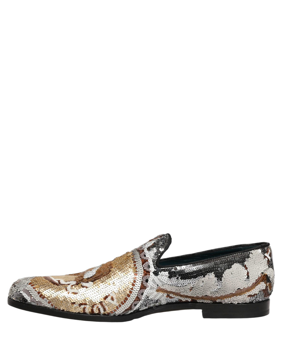 New Dolce & Gabbana White Gold Sequined Slip On Loafers Shoes