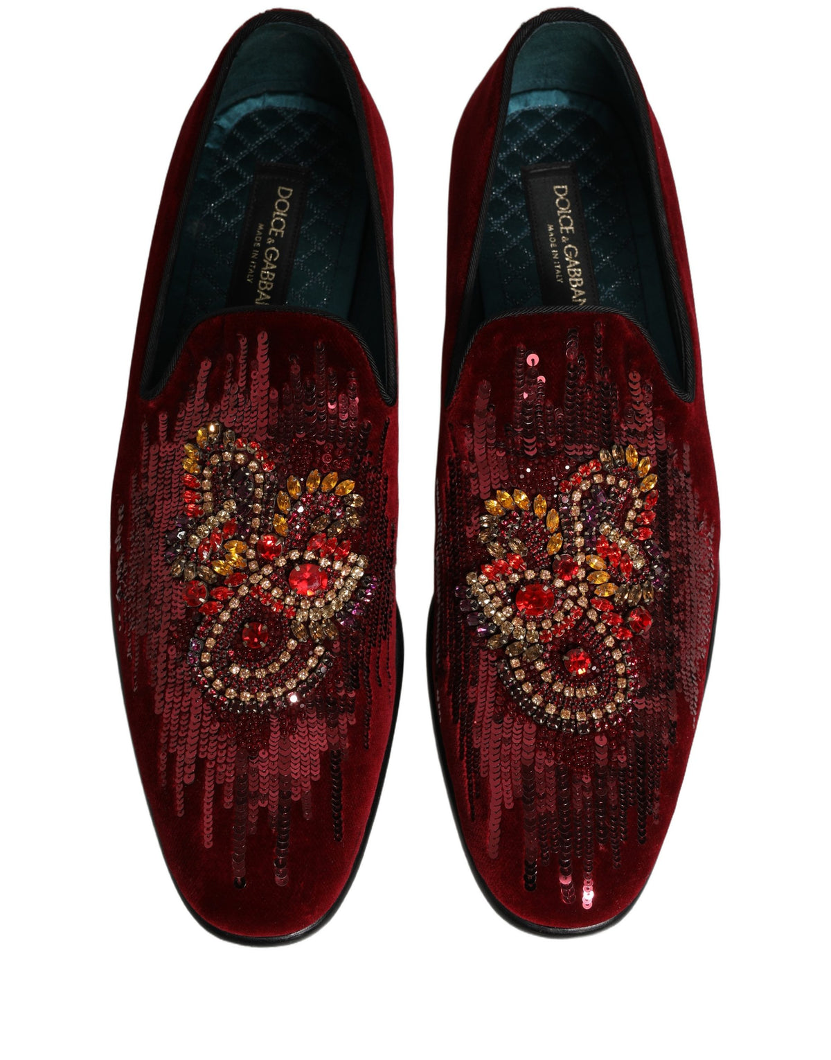 New Dolce & Gabbana Maroon Sequin Gemstone Dress Loafers Shoes