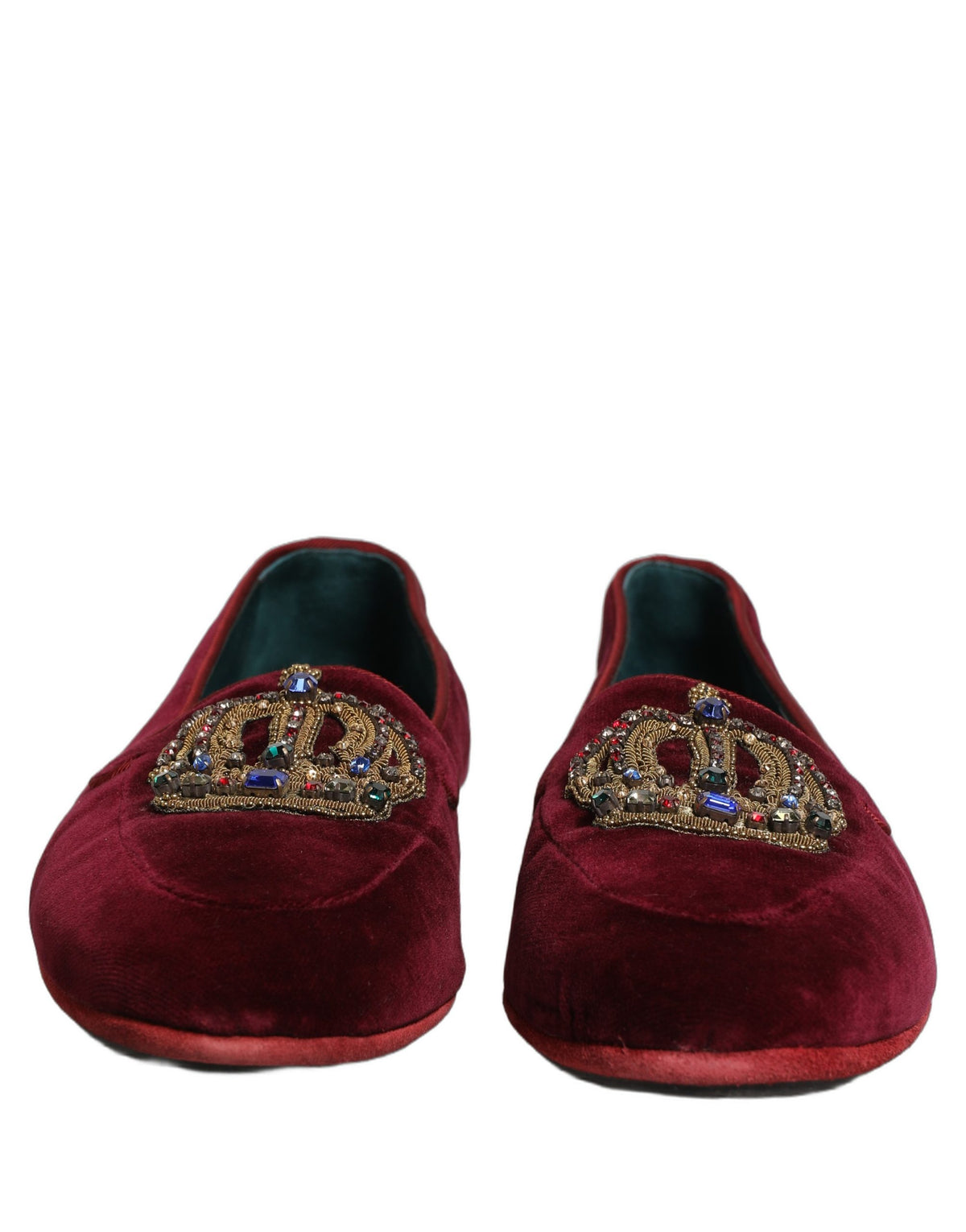 New Dolce & Gabbana Burgundy Velvet Crown Slip On Loafers Shoes