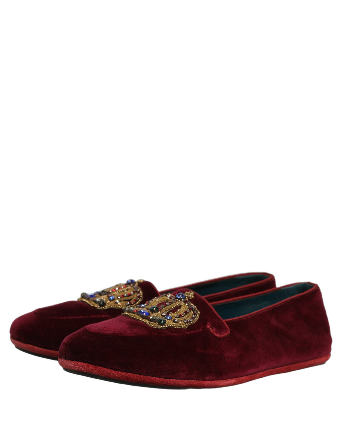 New Dolce & Gabbana Burgundy Velvet Crown Slip On Loafers Shoes
