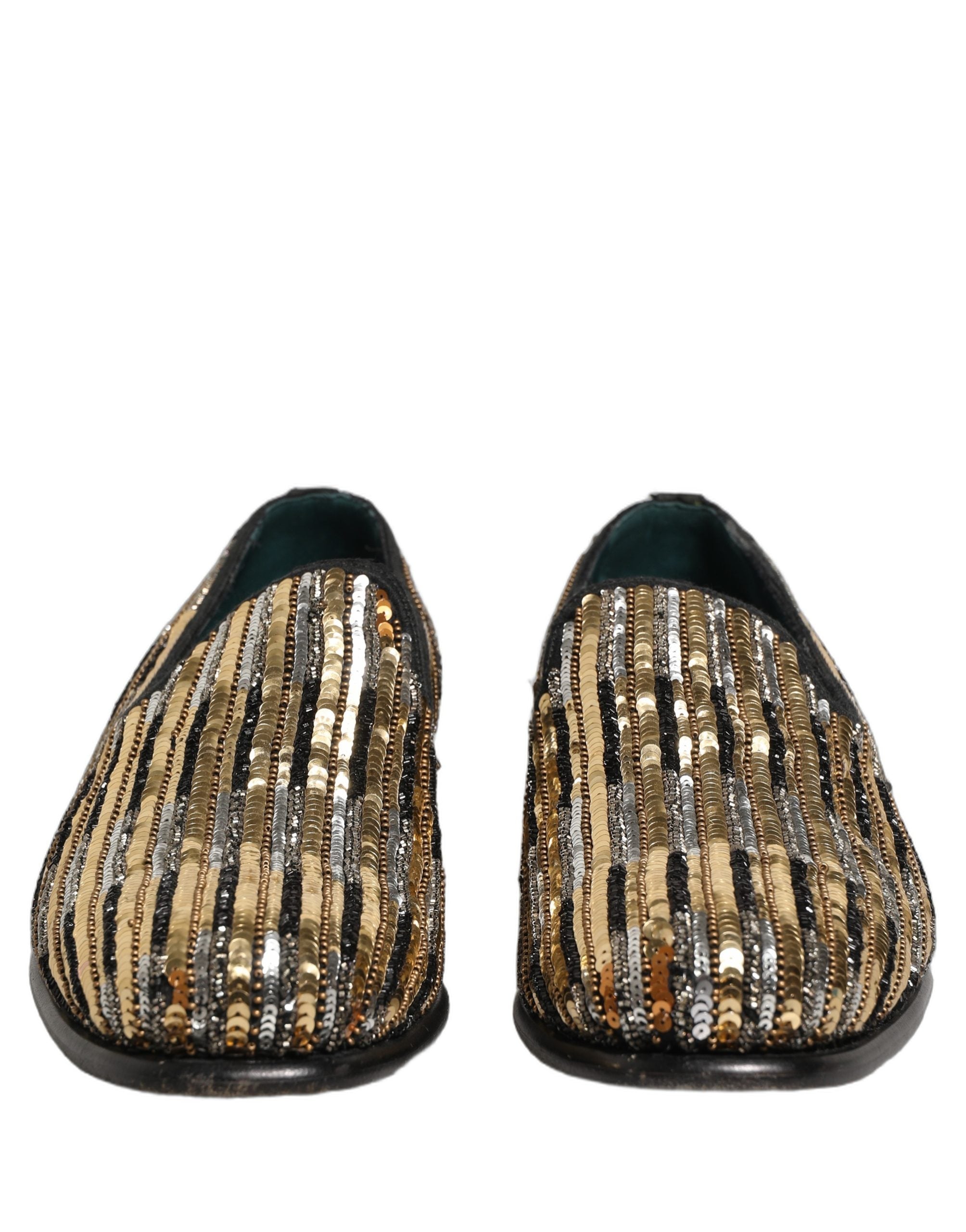 Dolce & Gabbana Gold Striped Sequin Embellished Loafer Shoes