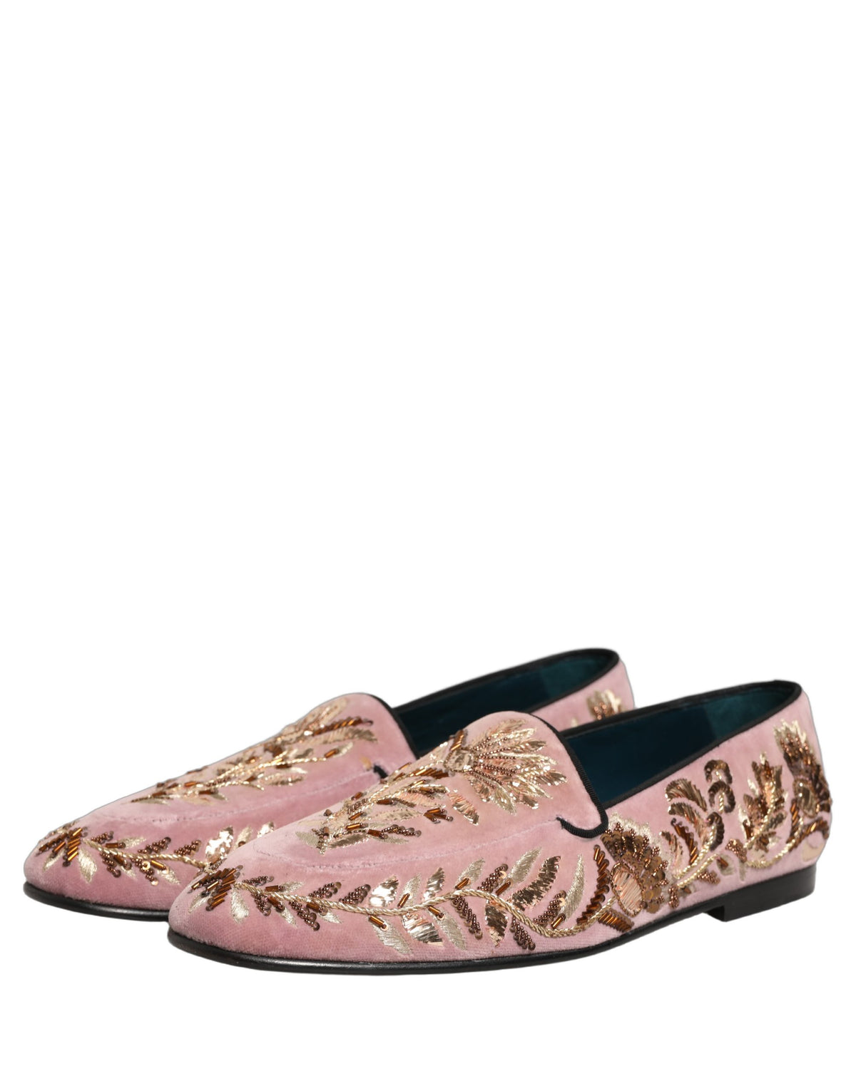 New Dolce & Gabbana Pink Velvet Floral Embroidery Loafers Shoes