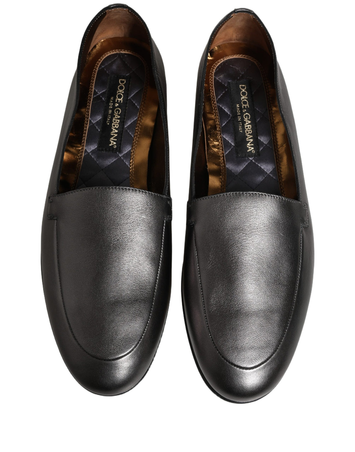 New Dolce & Gabbana Silver Leather DG Logo Slip On Loafers Shoes