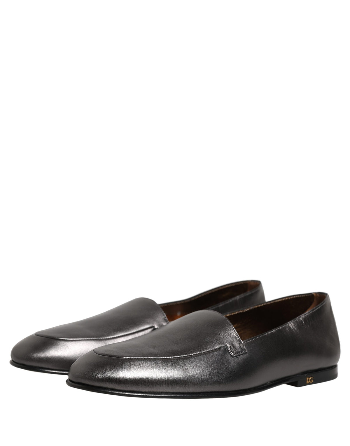 New Dolce & Gabbana Silver Leather DG Logo Slip On Loafers Shoes