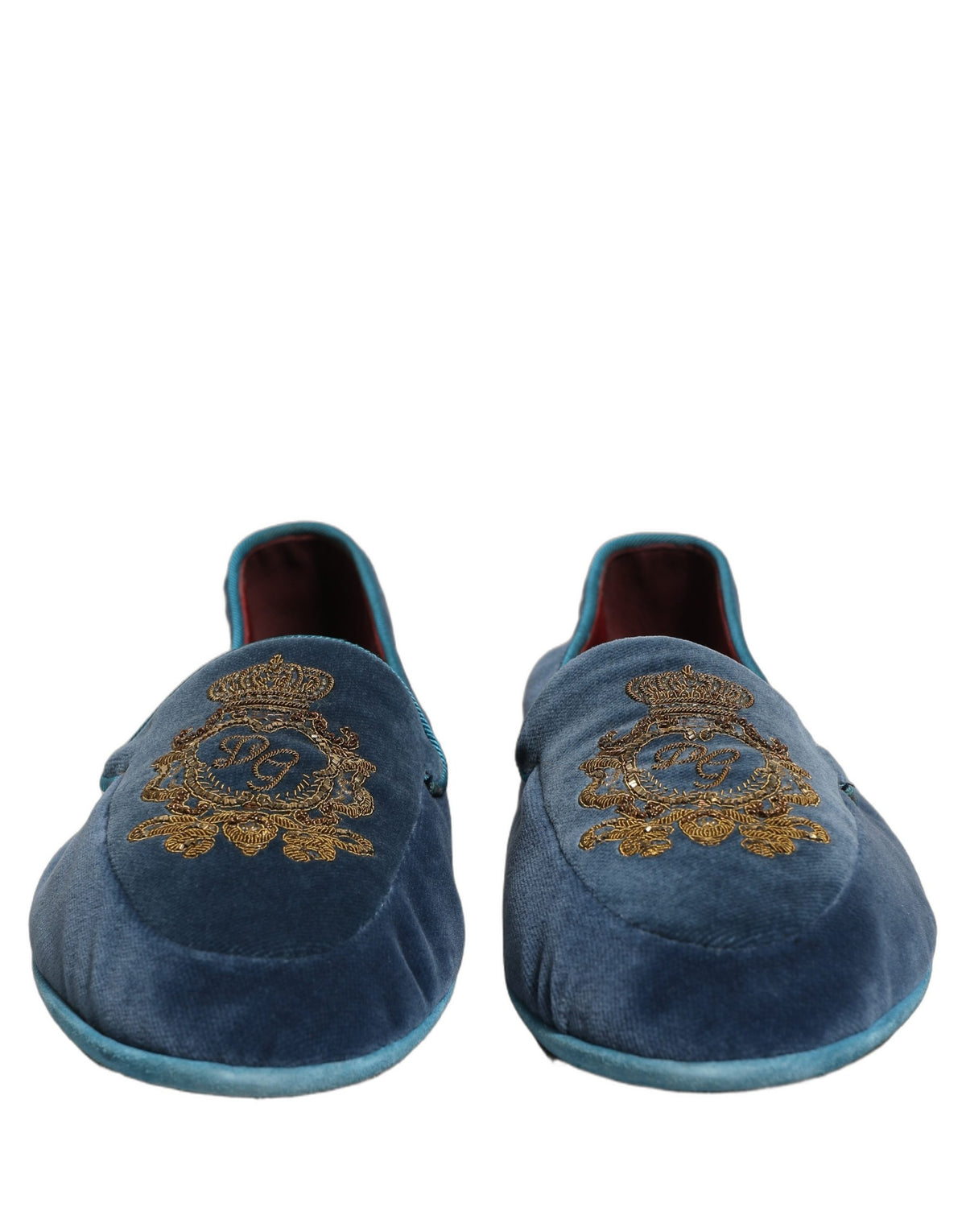 New Dolce & Gabbana Blue Velvet Crown Embroidery Loafers Shoes
